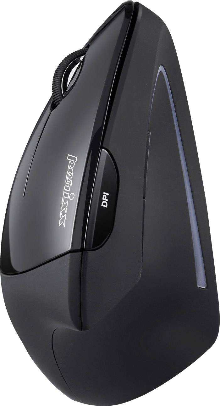 Vertical ergonomic mouse in black, designed to reduce wrist strain. 'DPI' text on the side. Suitable for comfortable working.