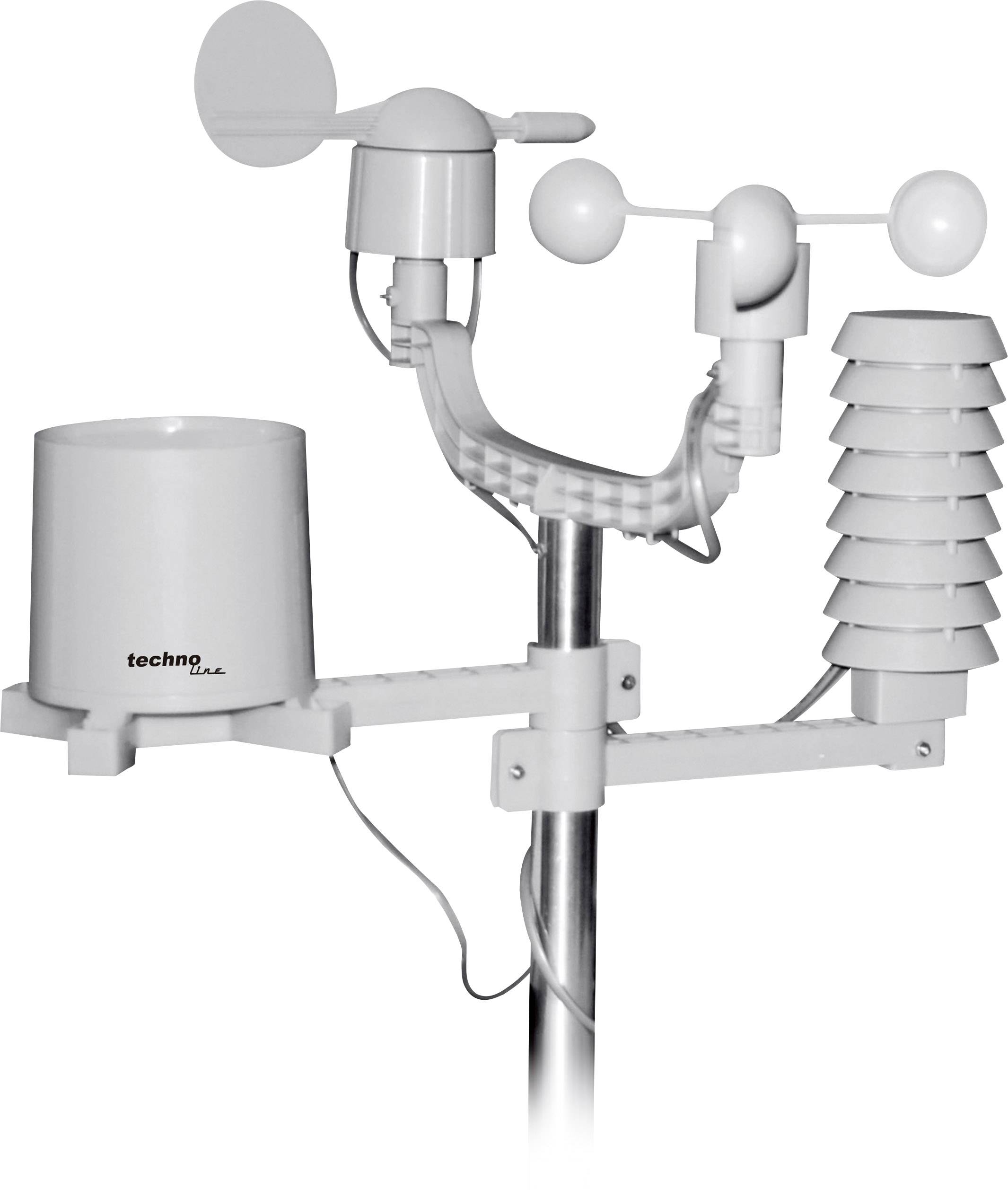 A weather station with an anemometer, rain gauge, and temperature sensor. It measures wind speed, precipitation, and temperature.