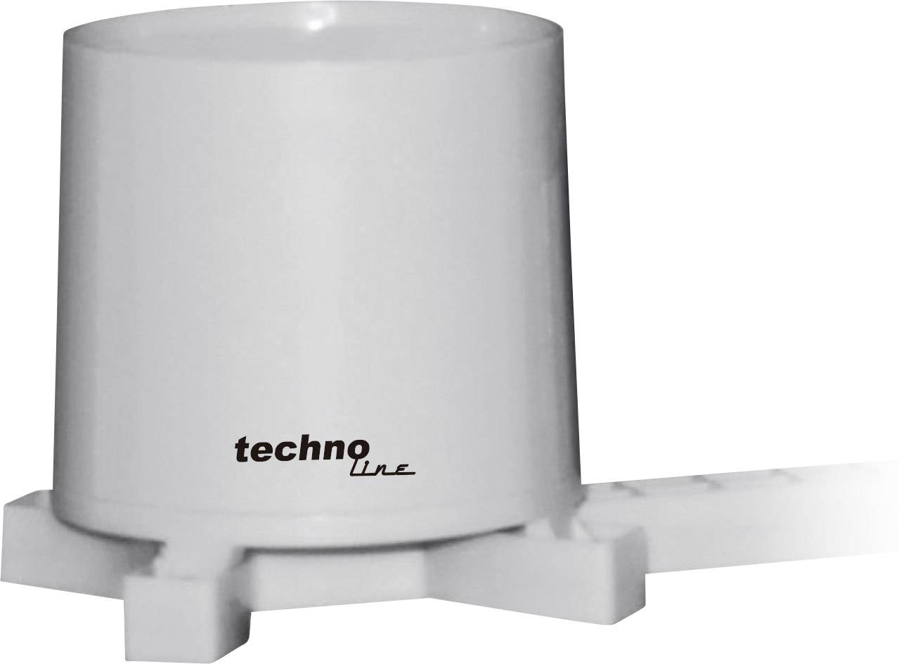 Rain gauge from Techno Line in a white housing, positioned on a tiered stand.