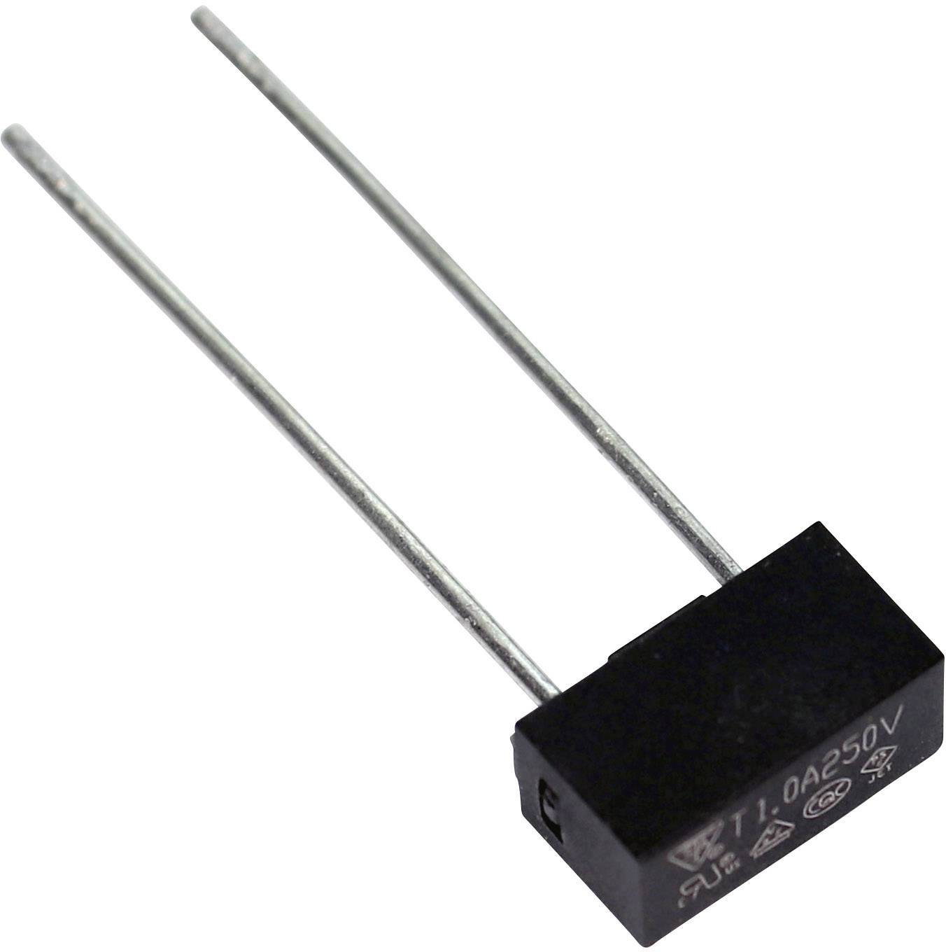 A black electrical capacitor with two long metal pins protruding from the side. Inscription on the casing: 'T1 0A250V'.