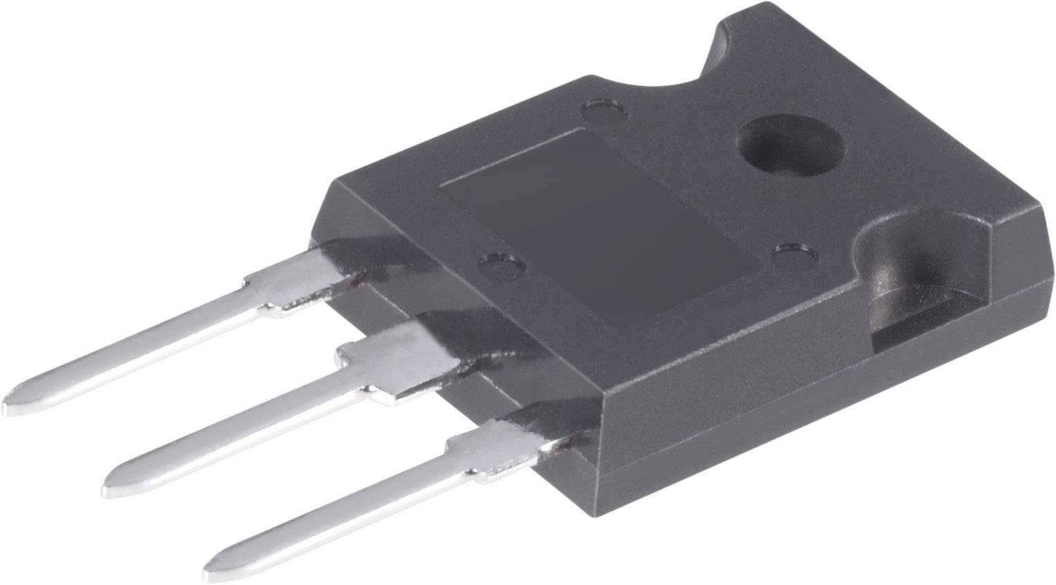 A three-pin electronic component with metal pins, typically a power transistor, in a black plastic casing.