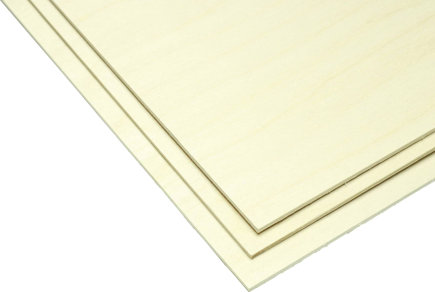 Three light plywood boards stacked on top of each other, slightly offset, show different layering stages.