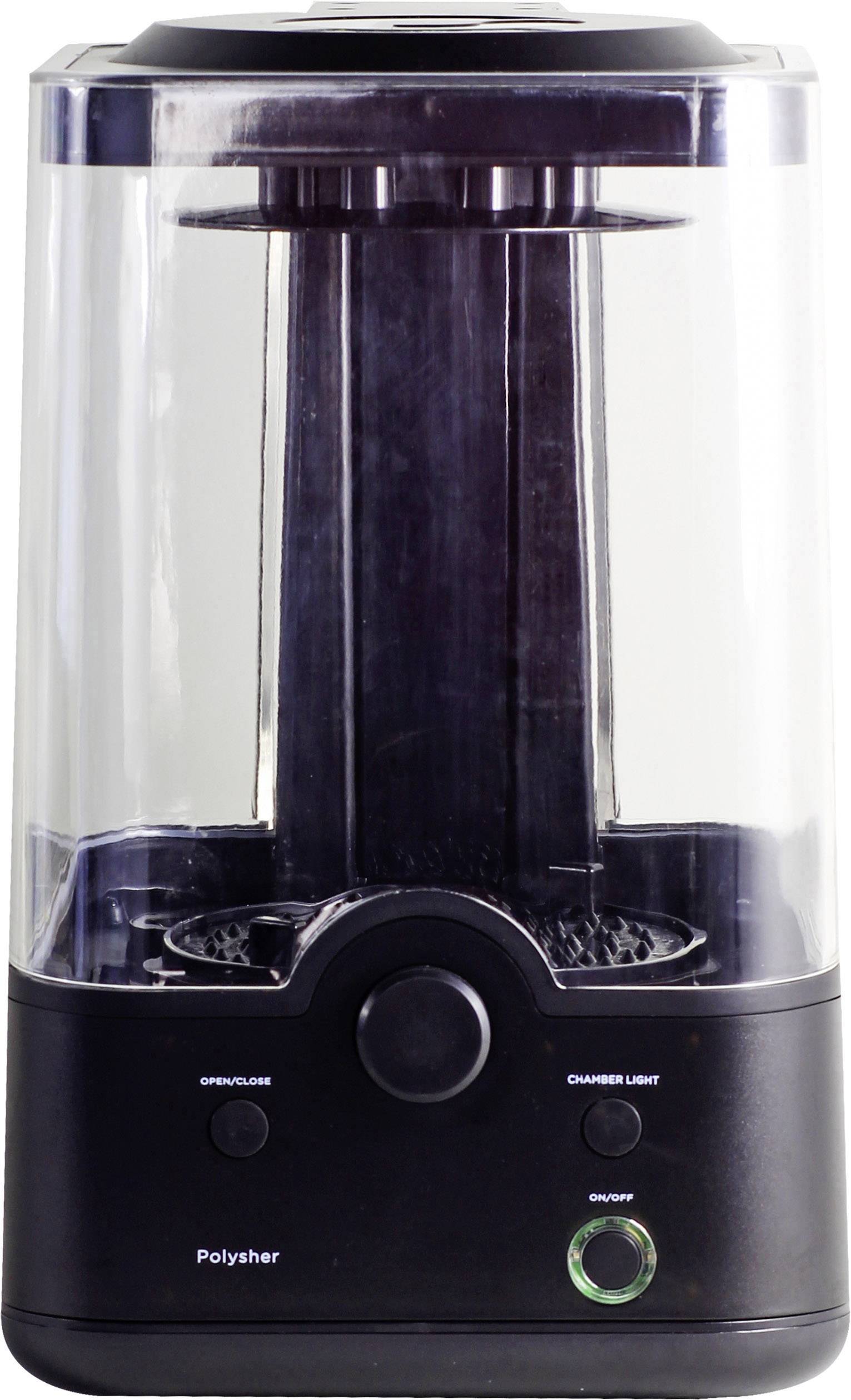 A black 3D printer polisher with a transparent casing. The front has buttons for control.