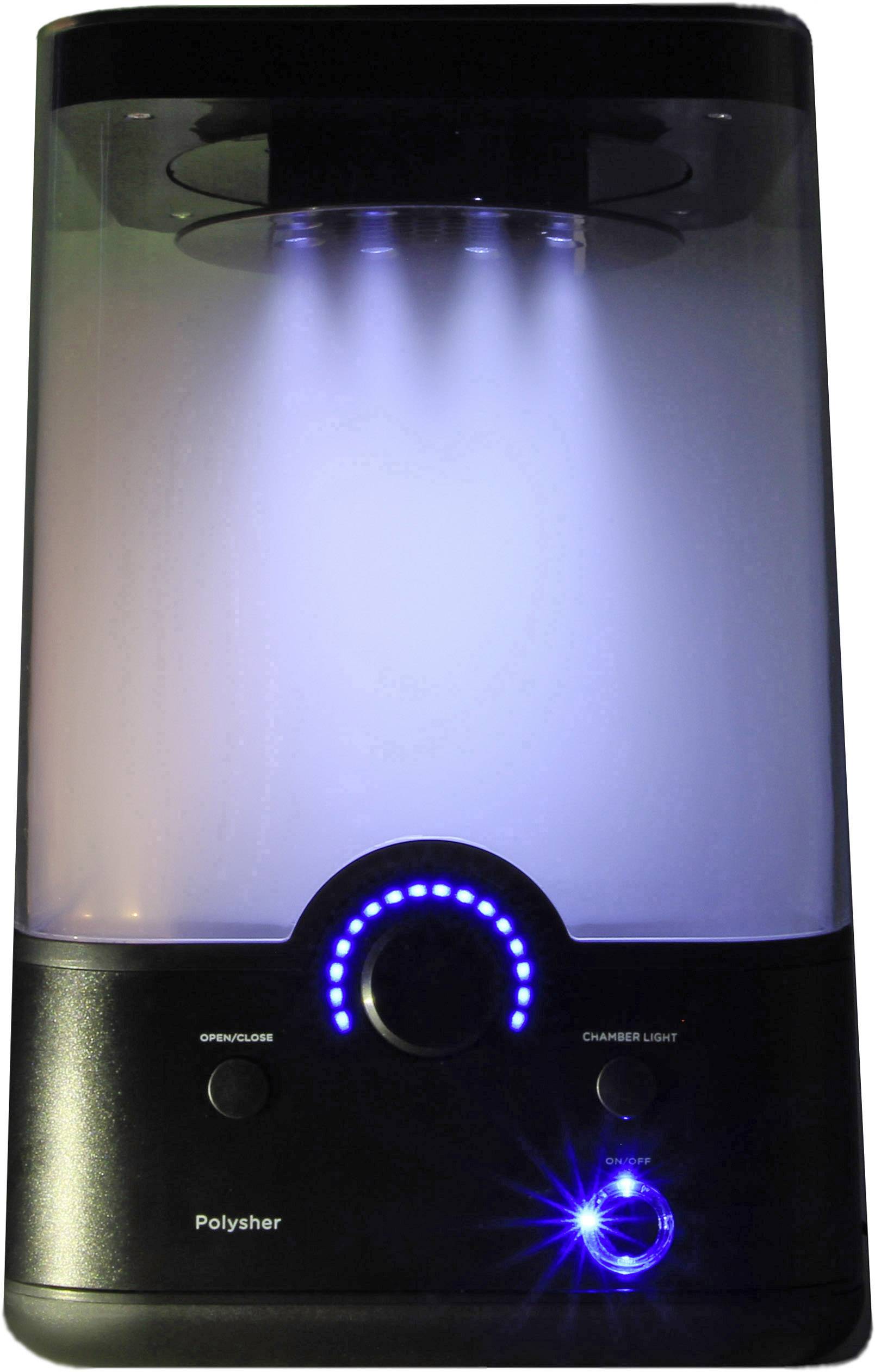 A black 3D print post-processing device with glowing blue LED lights on the front, indicating operational status.