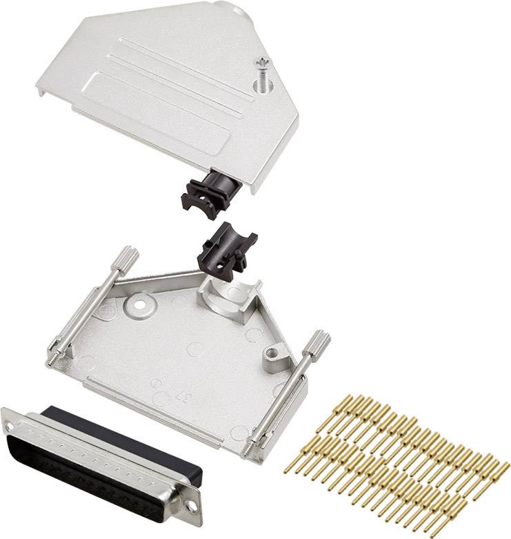 Disassembled Connector Housing and Contacts: Top housing cover with mounting brackets, centre underside of housing, right gold-plated contacts.
