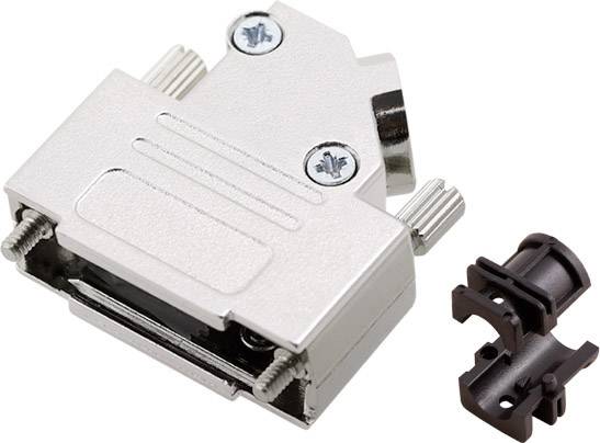 Metal housing for D-sub plugs with two screws and plastic cable clamp for stabilising the connection.