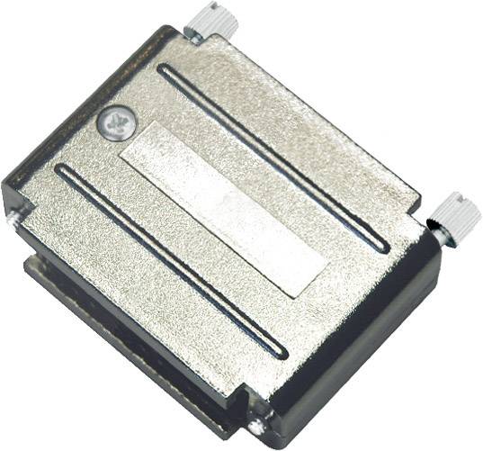Metallic rectangular device with grooves and screws, possibly a heatsink or electrical component.