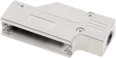 Metal housing for an electronic connector with screws on the top surface and a cable aperture on the side.