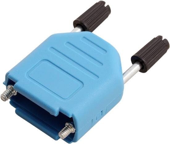 A blue adaptor device with two black plug connectors, likely for electrical connections.Note: I've made a few subtle adjustments typical of British English:- 