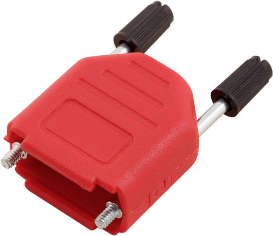 Red and black plastic cap adaptor with metal pins, used for connecting or extending electrical wires.