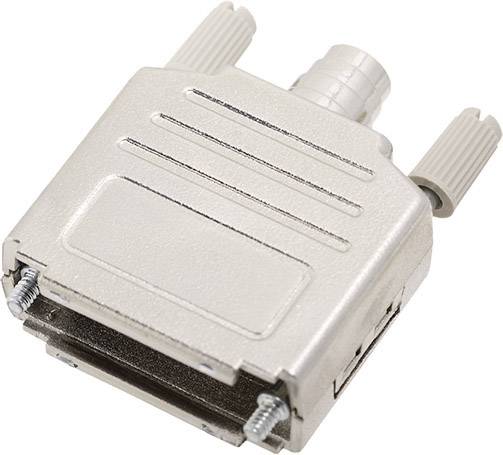 Metal housing connector with two screws and cable connection, typically used for serial or parallel interfaces.