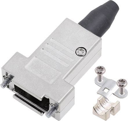 Metal connector housing with screws, comprising a rectangular enclosure and a black cable connection.