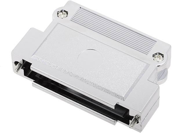 A silver adapter with screws that has two connection ports on its sides.