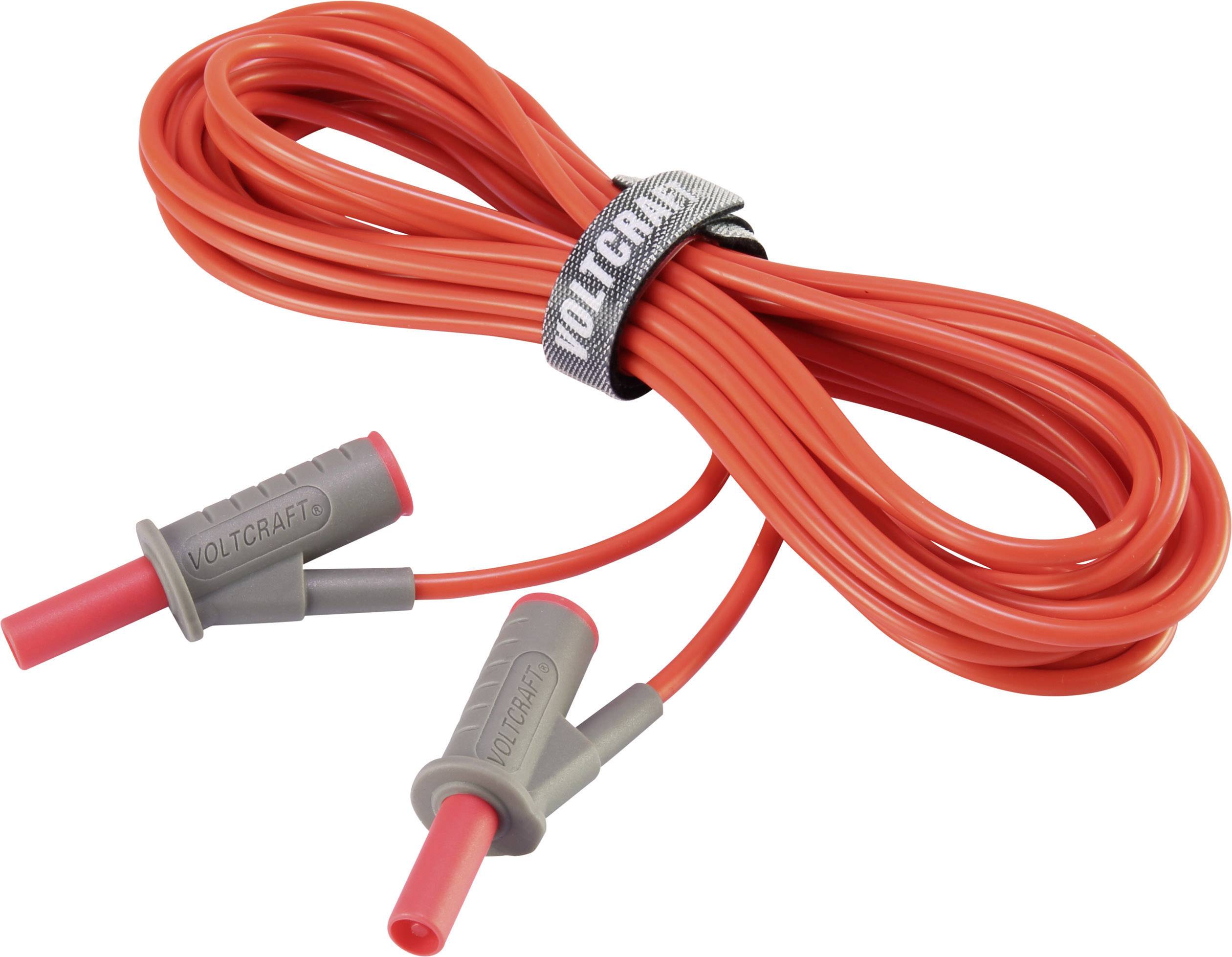 Red test and measurement cable with grey connectors, marked with the inscription 'Voltcraft'.
