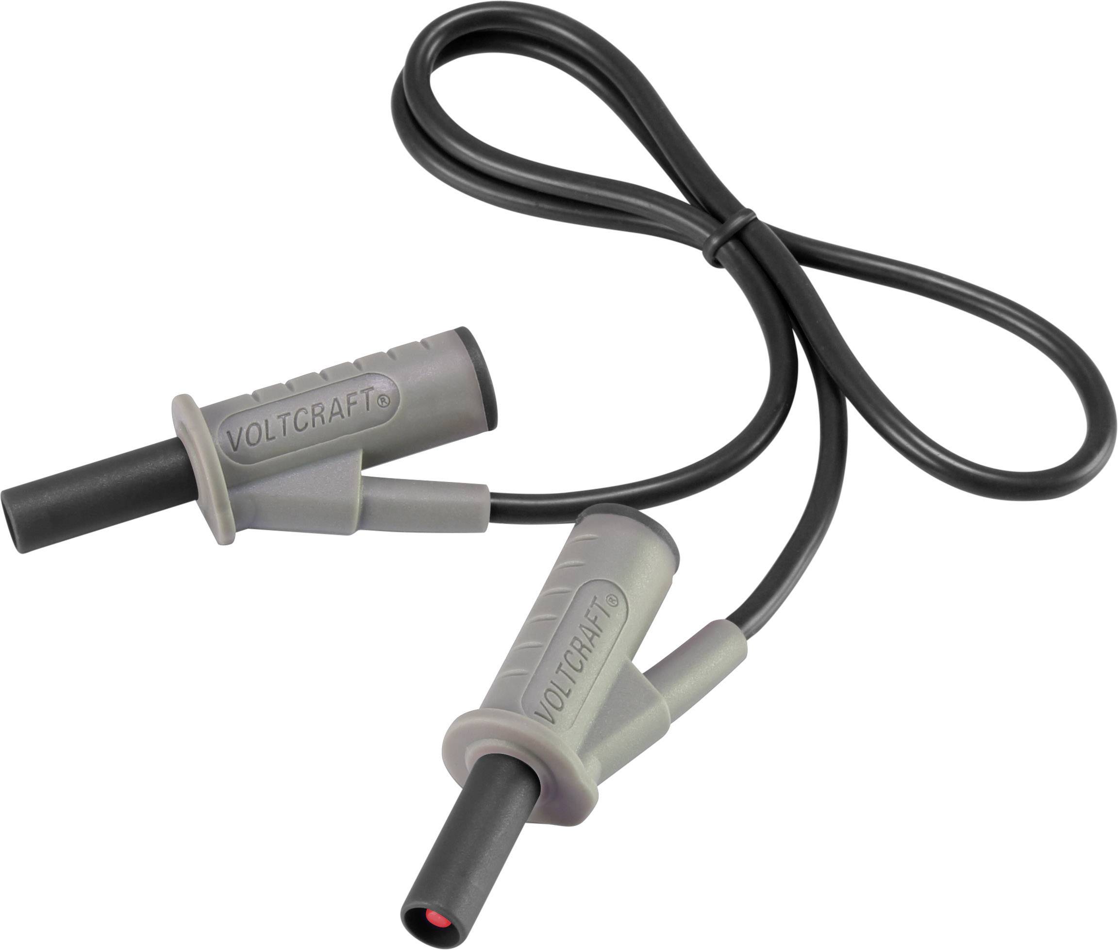Black measuring cable with two plugs from the Voltcraft brand. Suitable for electronic measuring devices for precise data acquisition.