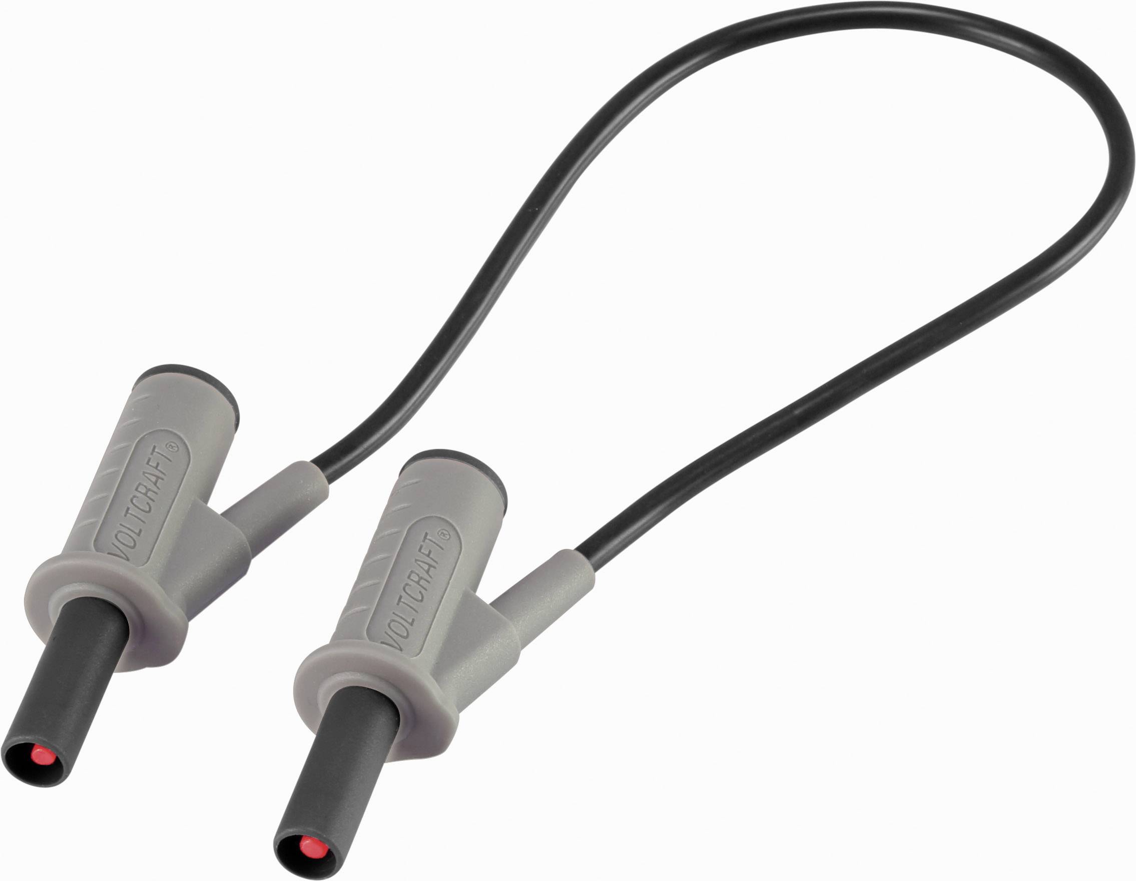 Black cable with two grey plugs at the ends, suitable for electrical measuring instruments.