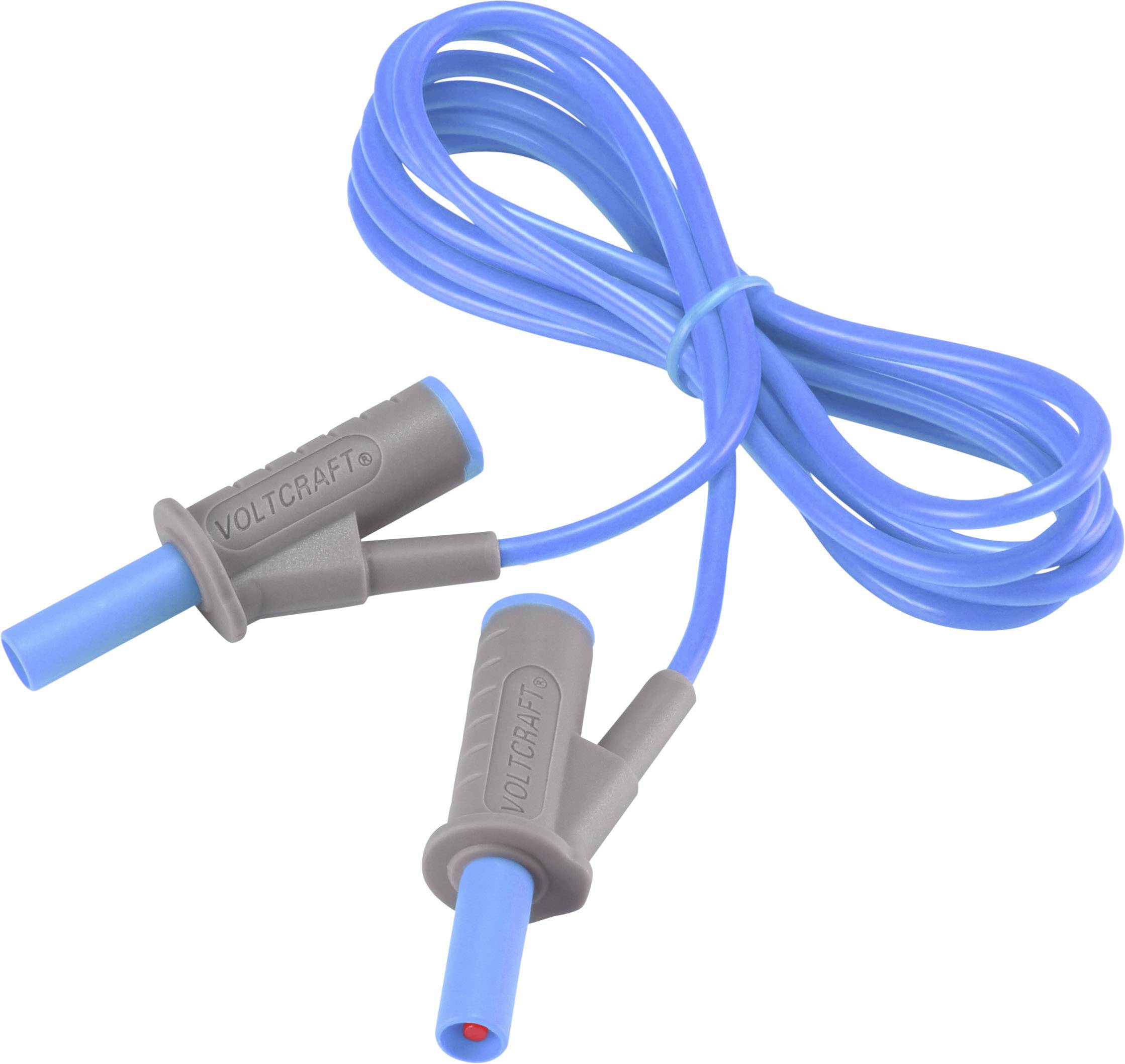 Blue measuring leads with grey handles, brand 'Voltcraft', showing two identical plugs, connected by a coiled cable.