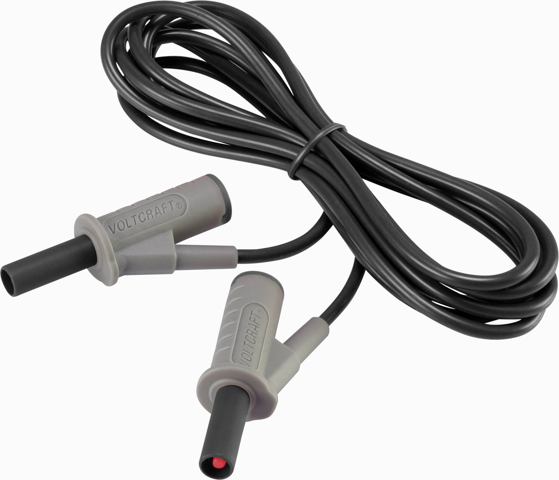 Grey measurement cable with two plug connections and 'Voltcraft' printed on it, rolled up on a light background. Suitable for electrical measurements.