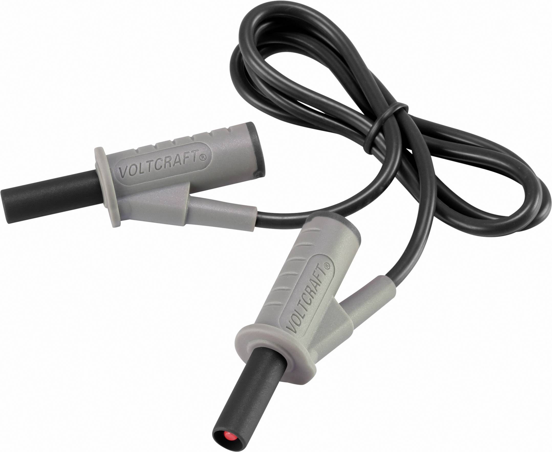 Grey measuring cable with two electrical test connectors.