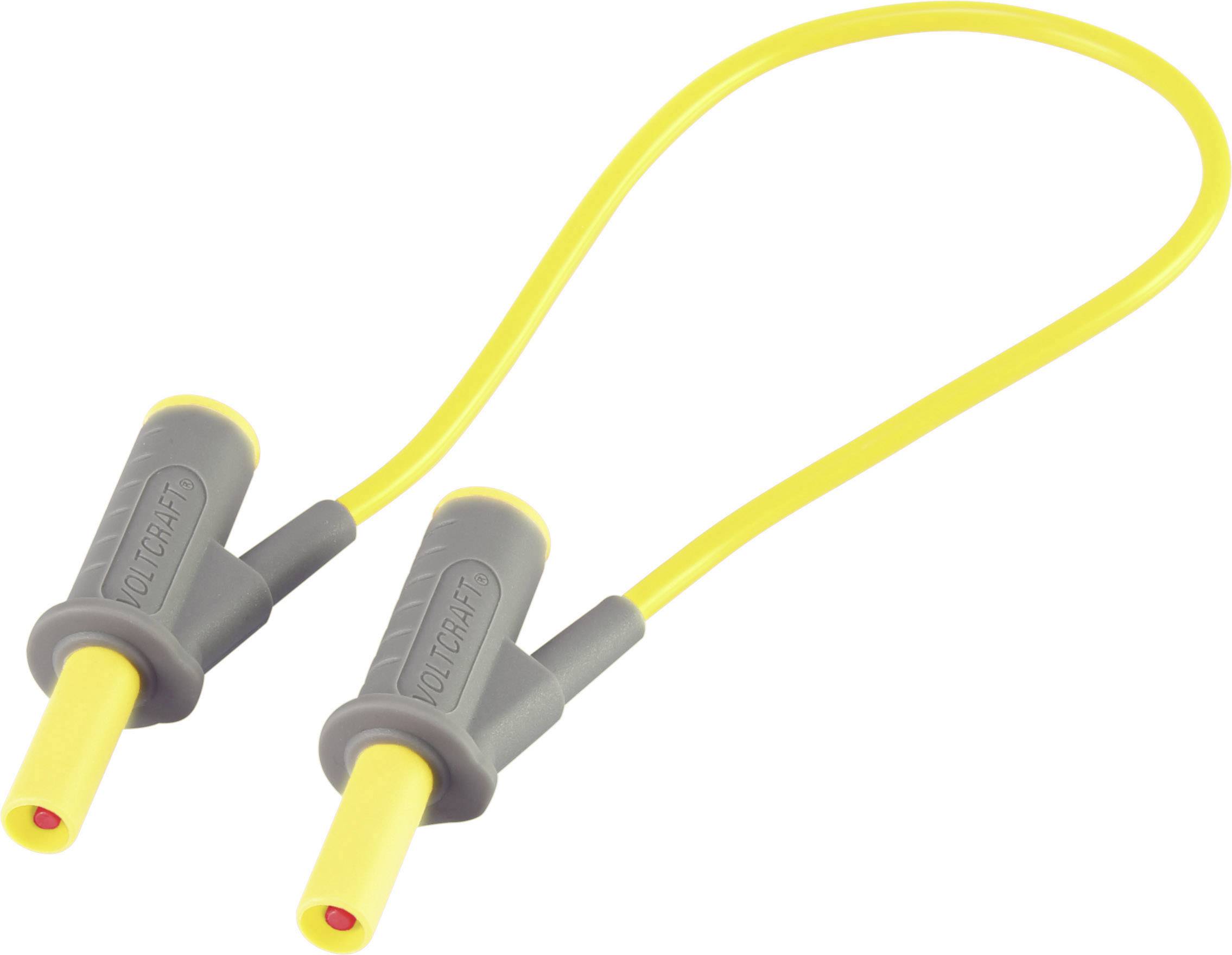 Two yellow test probes with grey handles, connected by a yellow cable. They are used for electrical measurements.