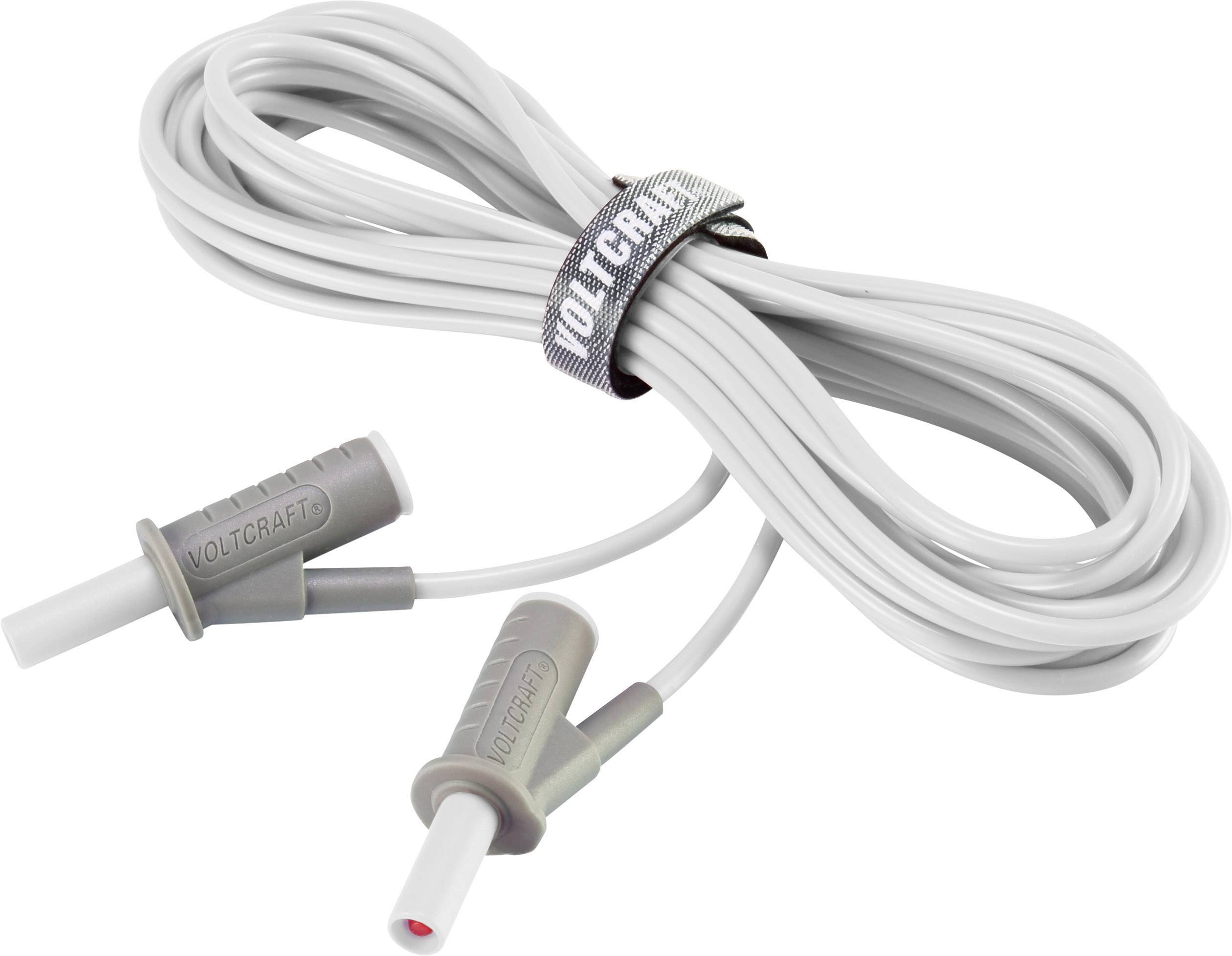 Grey connecting cable with two plugs, branded 'Voltcraft'. It is coiled and includes a cable tie with the same text.