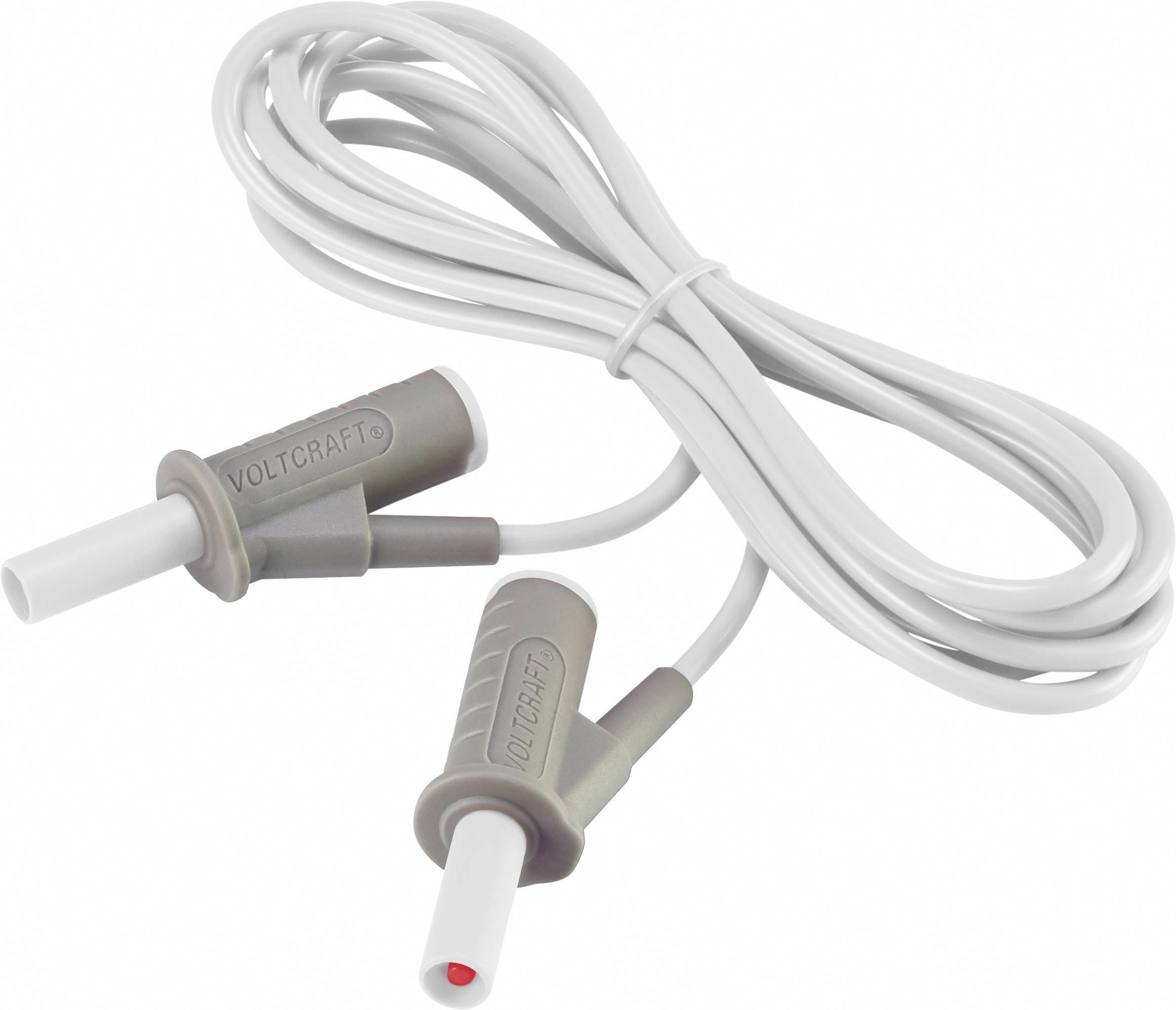 Grey measuring leads with measurement probes and 'Voltcraft' logo, suitable for connecting multimeters to external circuits.