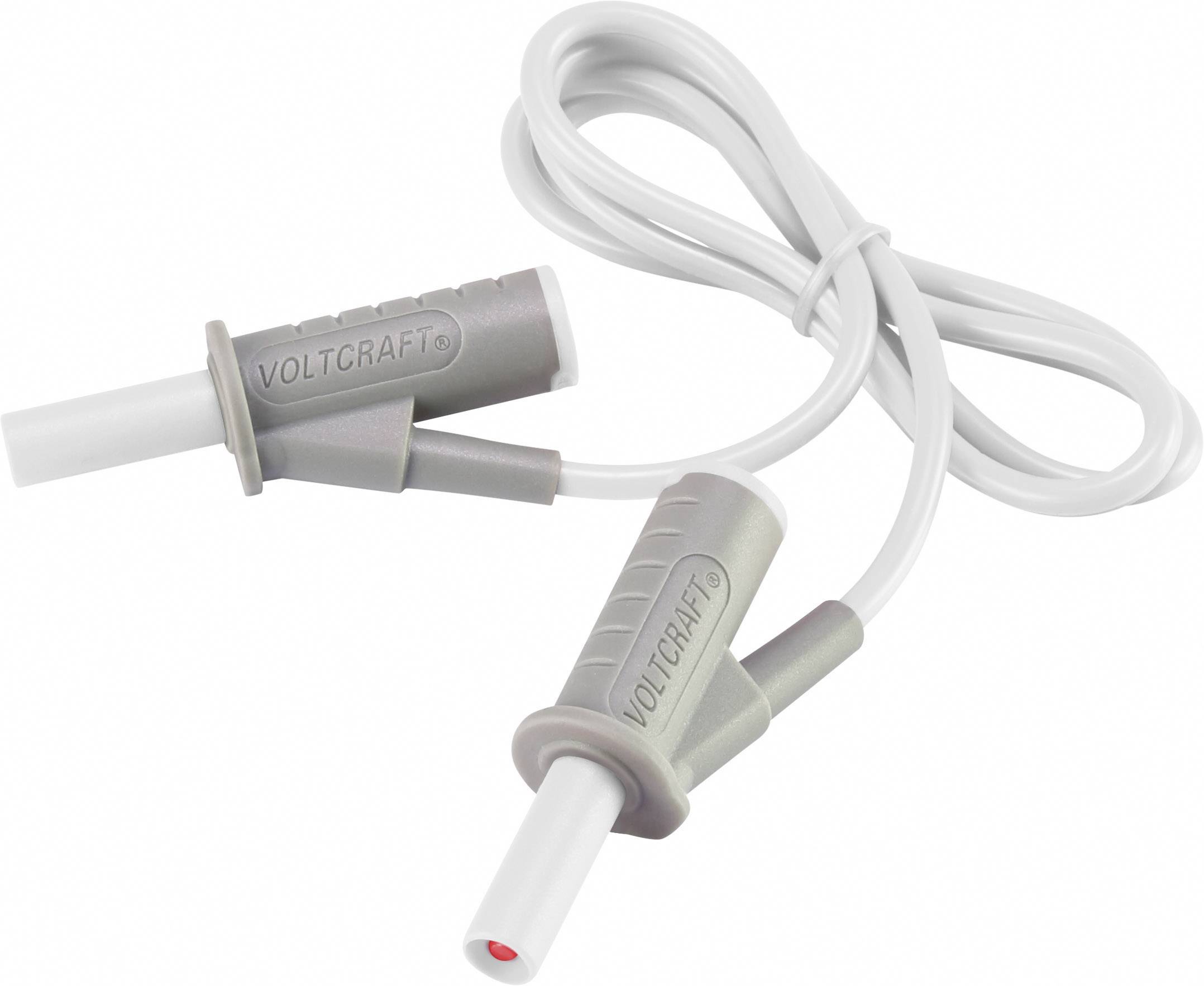 Two grey measuring leads from the Voltcraft brand with insulated connectors for electrical measuring equipment.