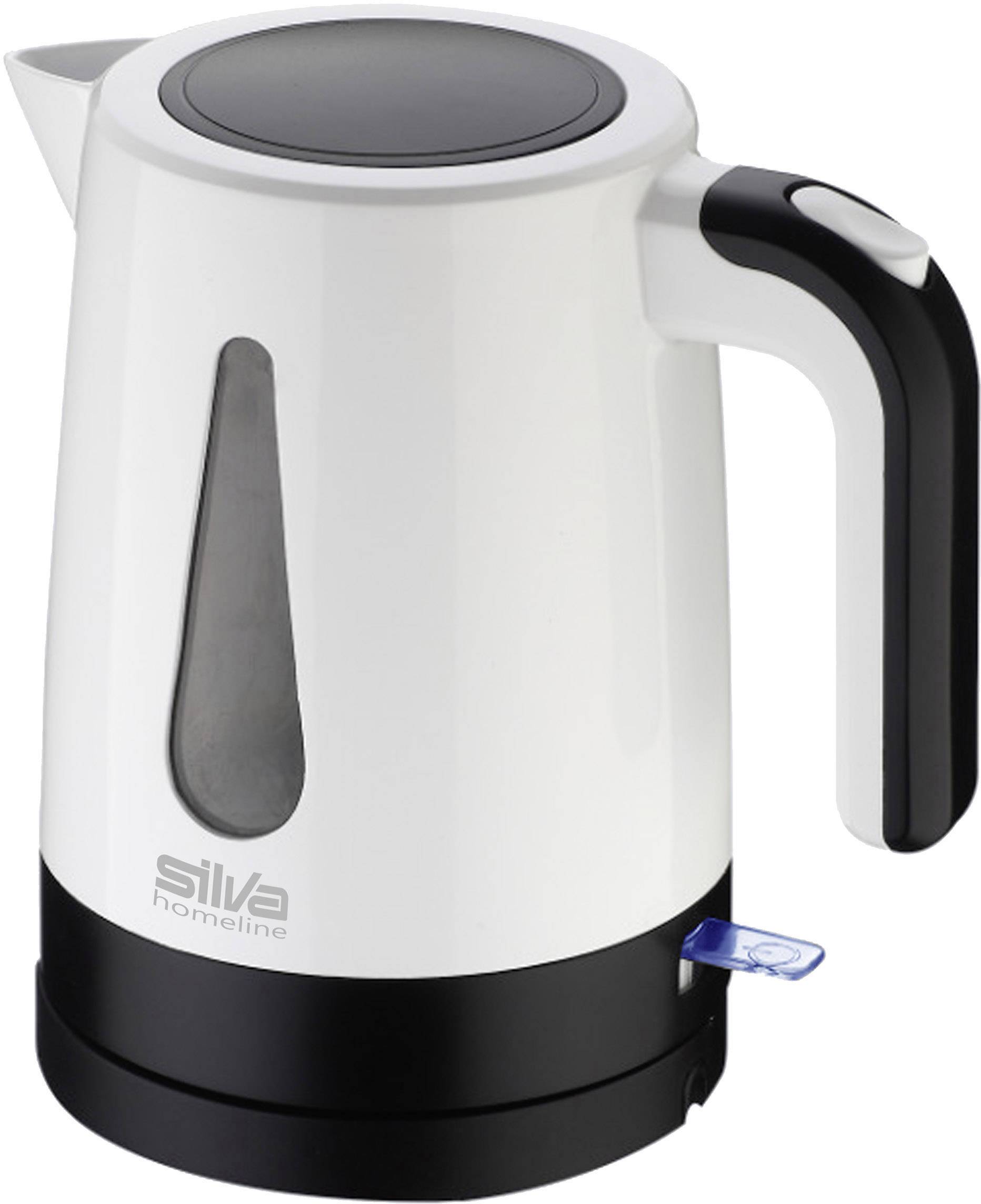A white kettle with a black handle and blue indicator light, with a water level indicator on the side.