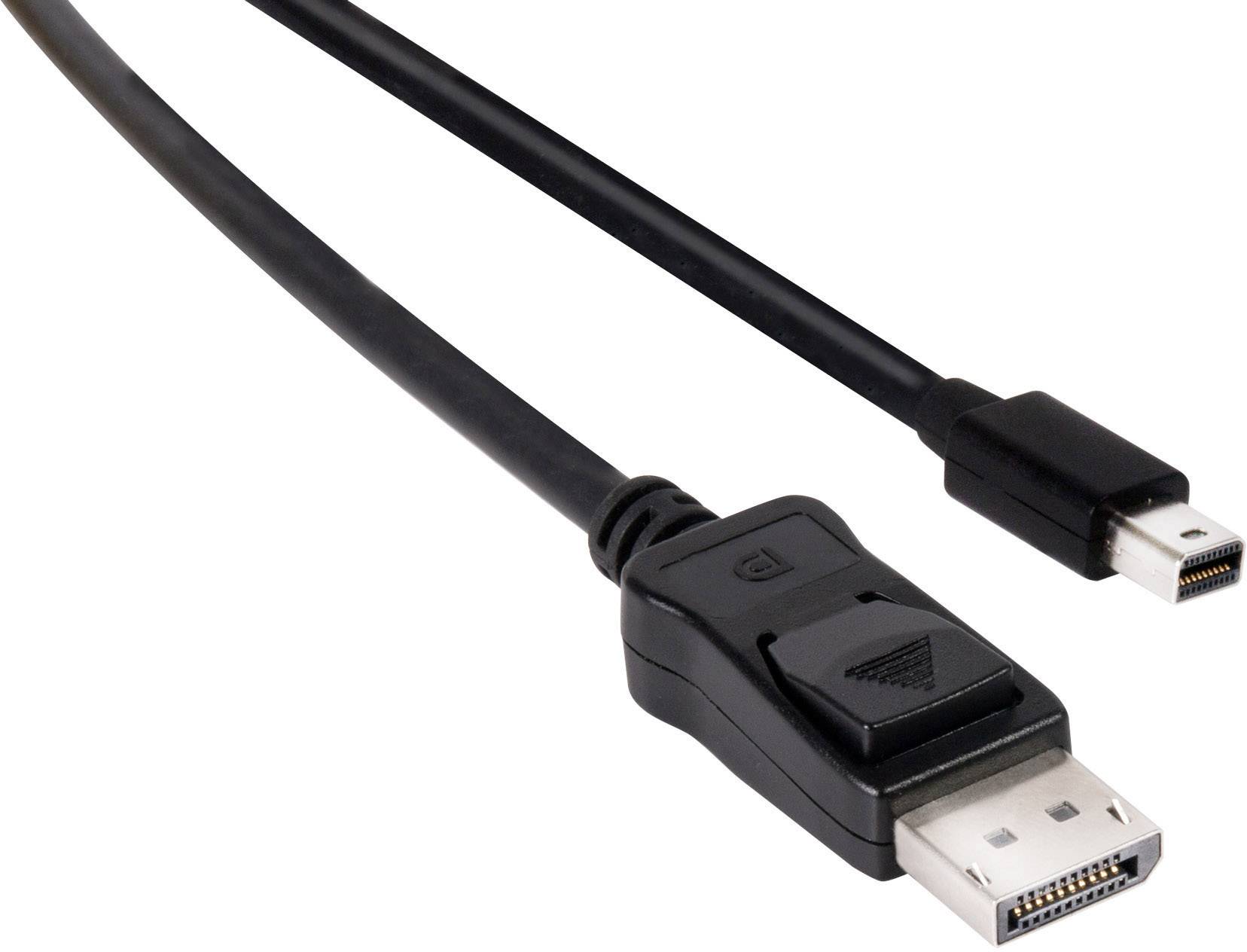 A black cable with a DisplayPort plug on one side and a Mini-DisplayPort plug on the other side.