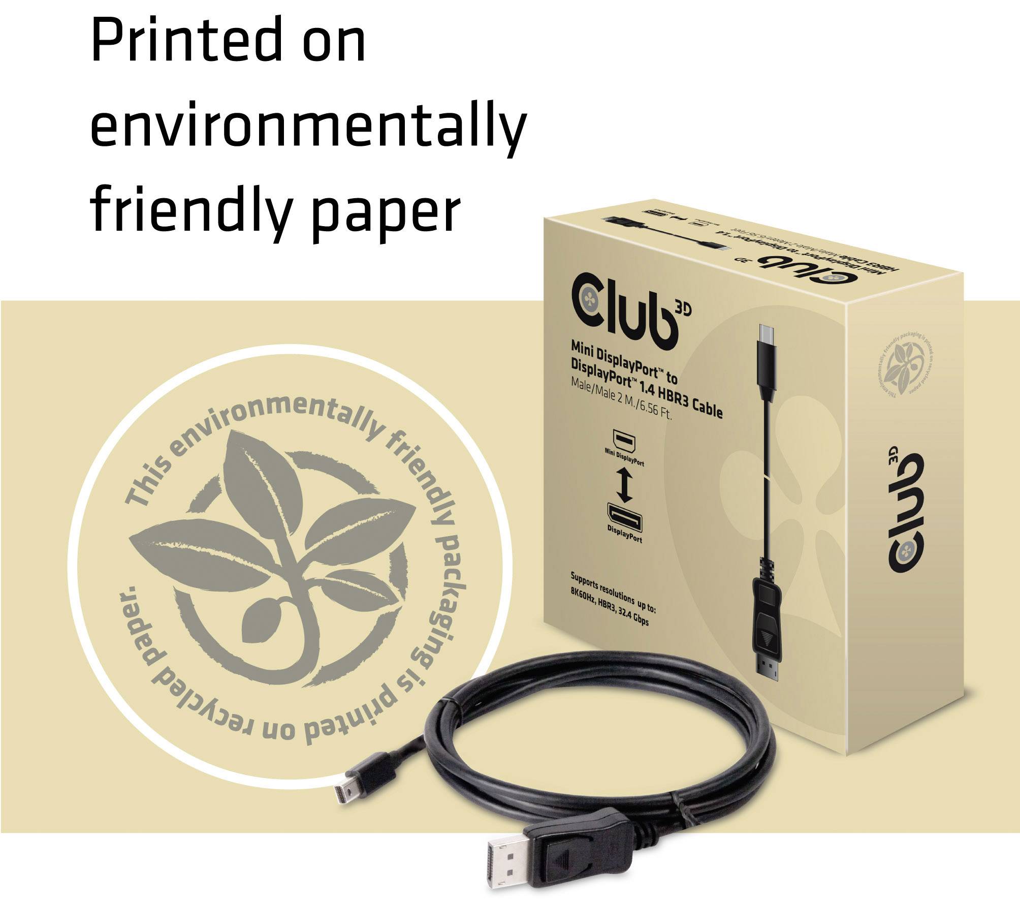 'Club 3D Mini DisplayPort 1.4 Kabel' Verpackung aus umweltfreundlichem Papier, daneben das Kabel. Text: 'Printed on environmentally friendly paper'.