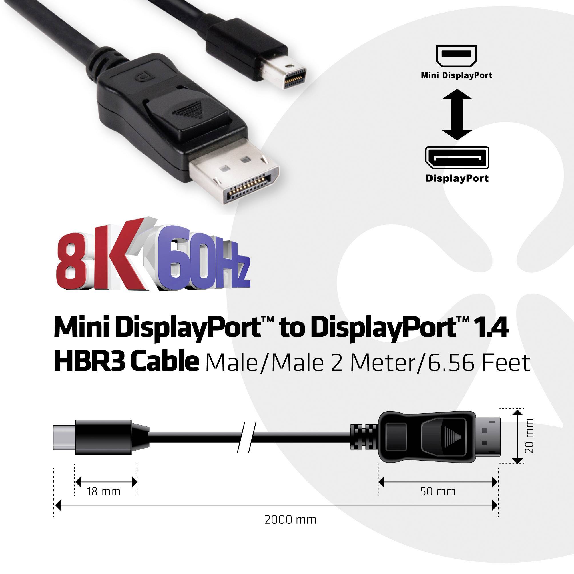 8K 60Hz DisplayPort to DisplayPort 1.4 HBR3 Cable, male/male, 2 metres. Dimensions: 18 mm width, 50 mm plug.