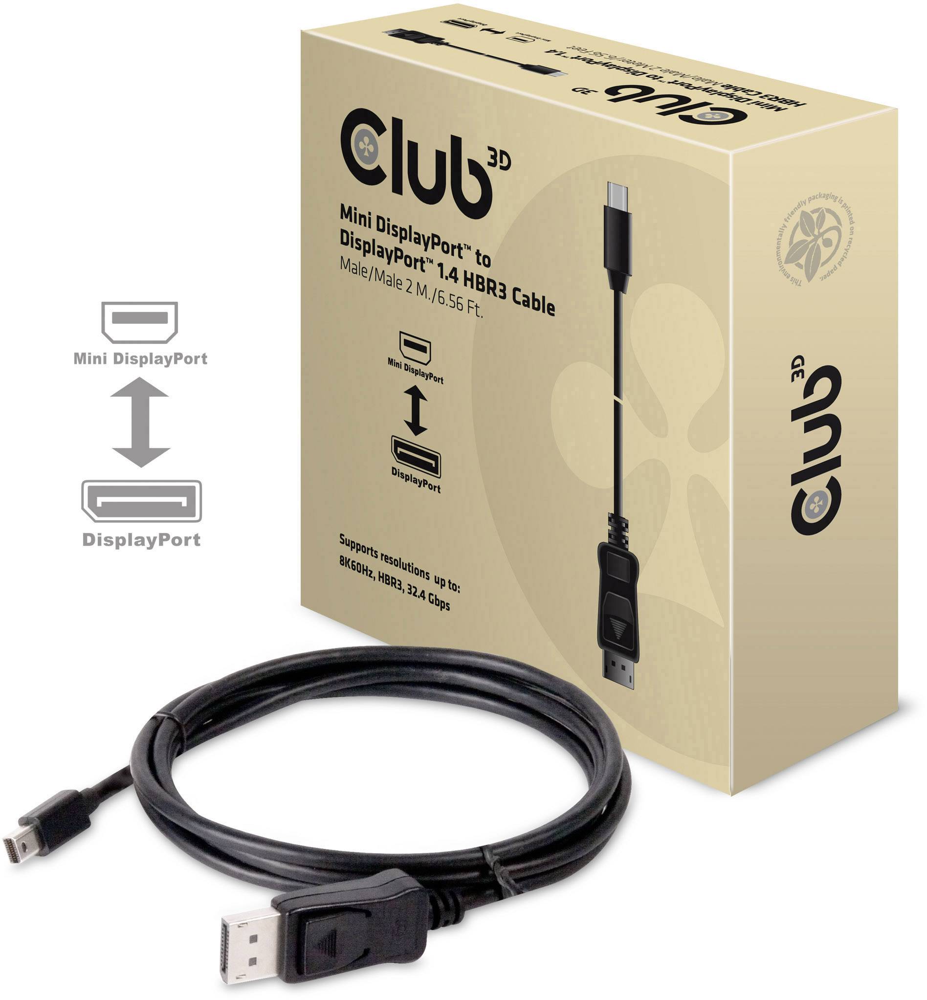 Mini DisplayPort to DisplayPort 1.4 Cable; 1.8 m Length; Packaging Shows Cable, Supports 8K Resolution, HDR, 32.4 Gbps Bandwidth.