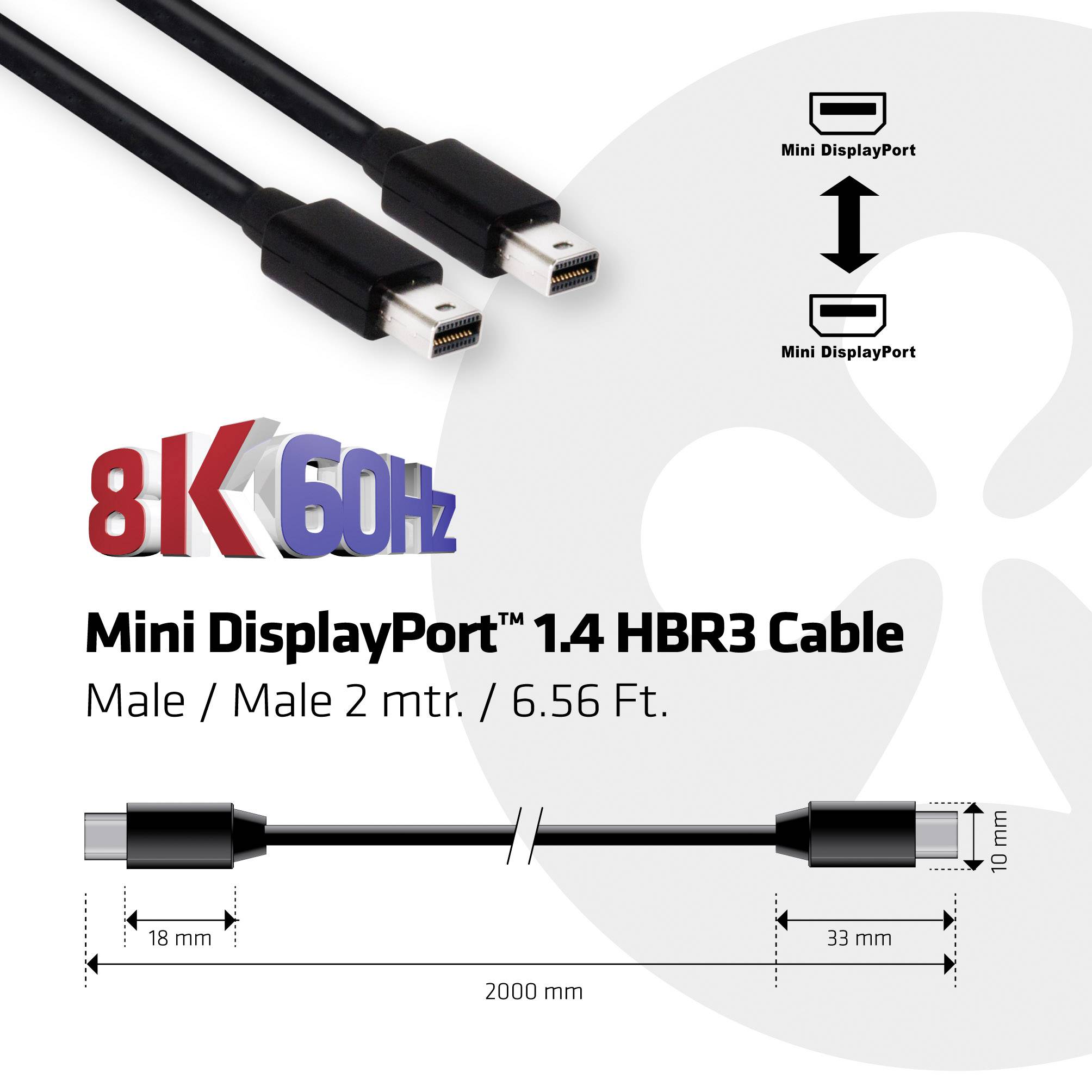 club3D Mini DisplayPort Cable Mini DisplayPort plug, Mini DisplayPort plug 2.00 m Black CAC-1164 Ultra HD (8K) DisplayPort cable