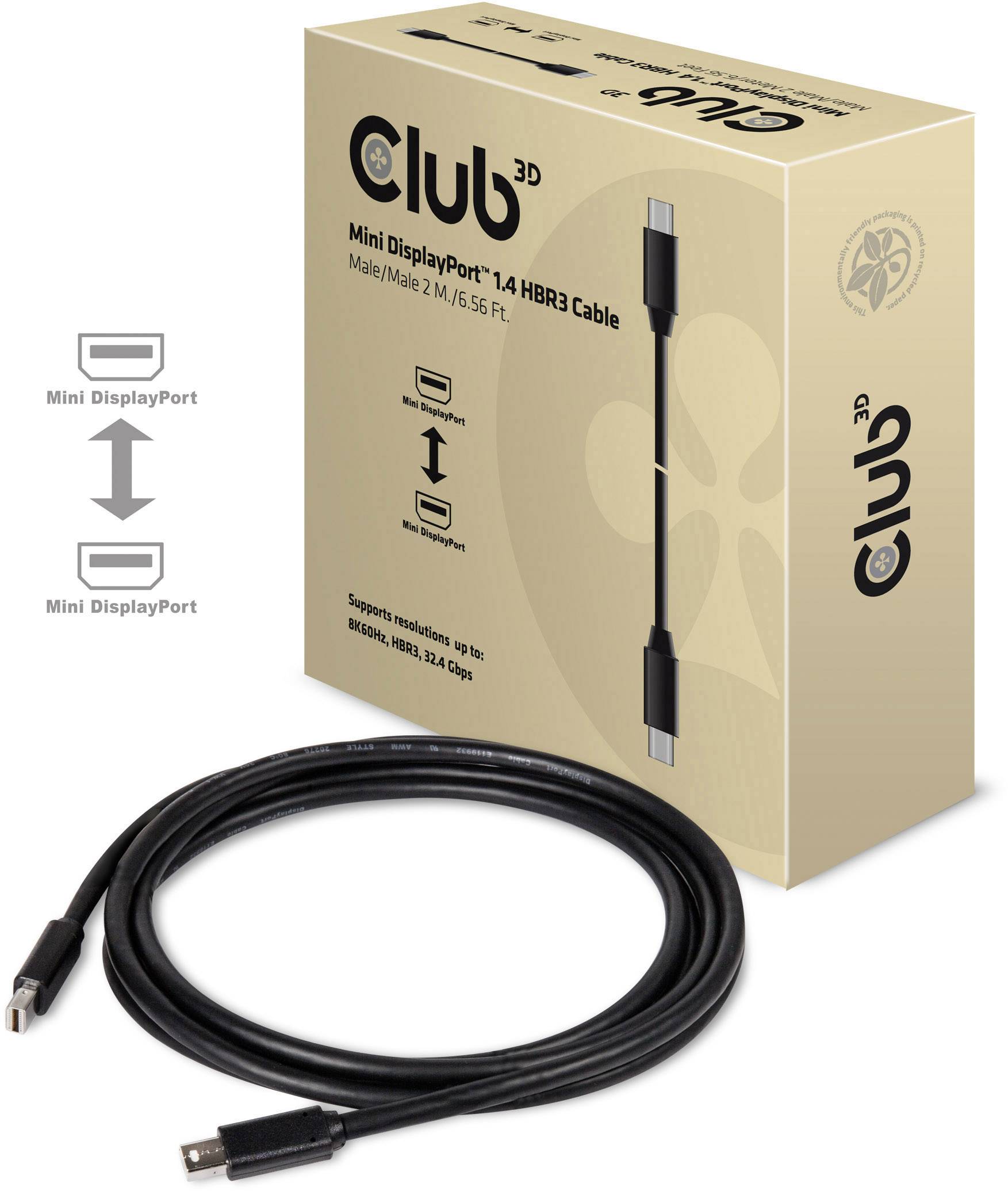club3D Mini DisplayPort Cable Mini DisplayPort plug, Mini DisplayPort plug 2.00 m Black CAC-1164 Ultra HD (8K) DisplayPort cable