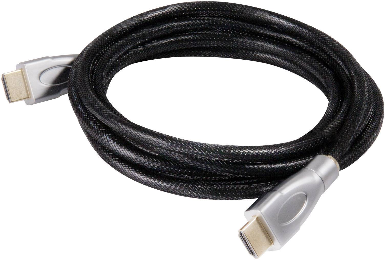 A black HDMI cable with silver connectors, coiled up. Used to transmit audio and video data between devices.