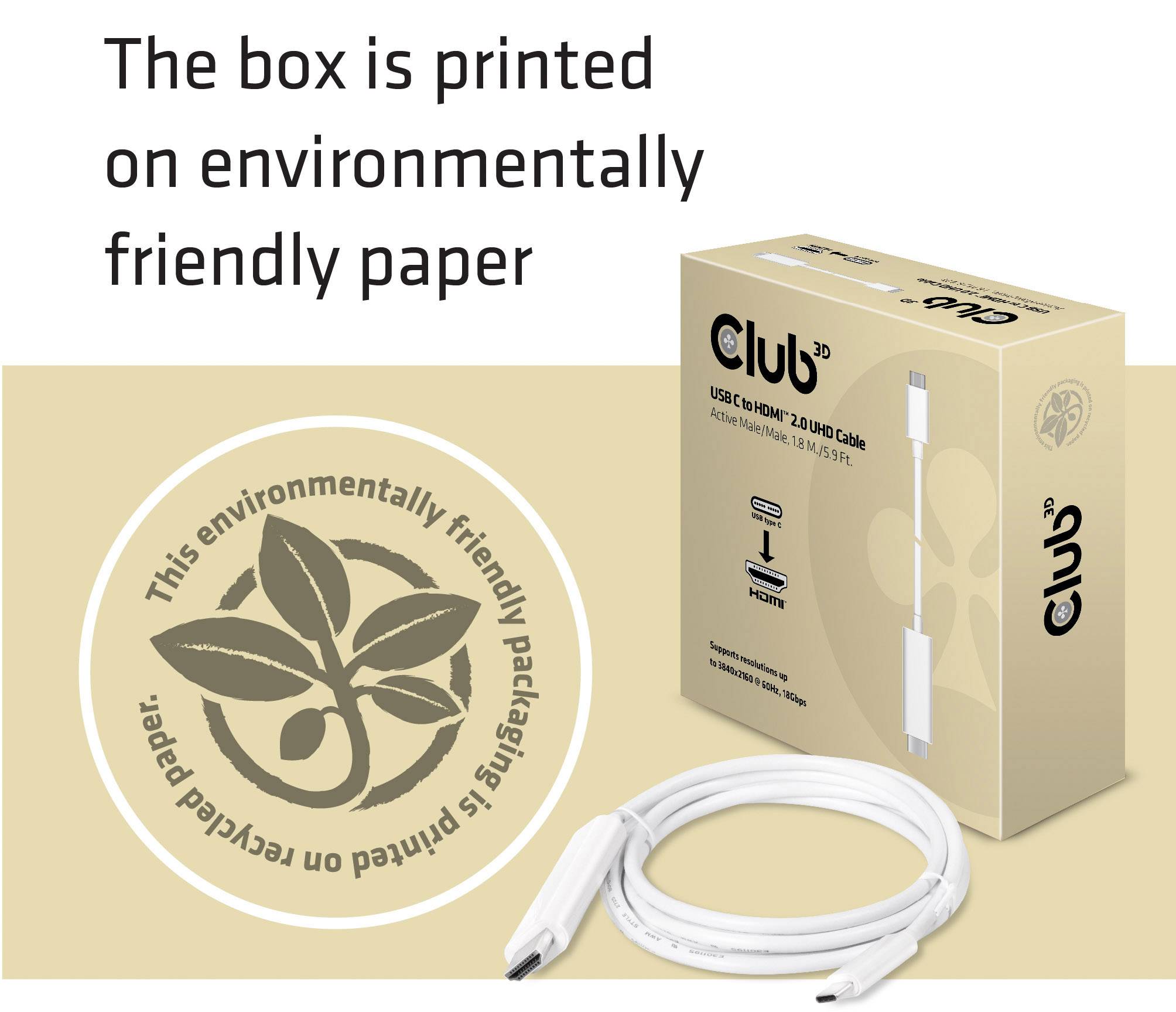 The packaging with USB-C cable from 'Club' is printed on environmentally friendly paper. Text element: 'The box is printed on environmentally friendly paper'.