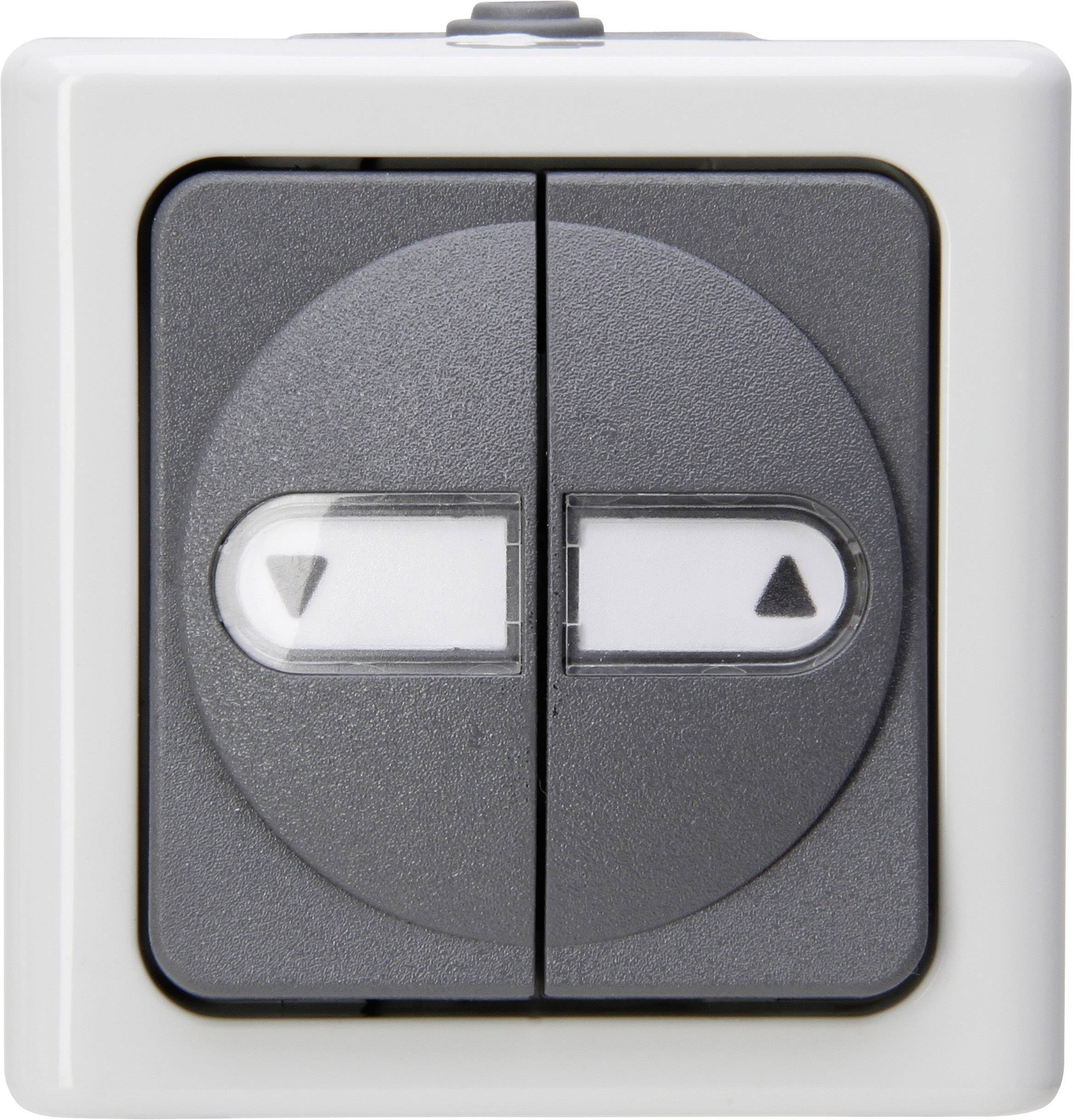 Grey wall switch with two buttons; arrows pointing upwards and downwards.