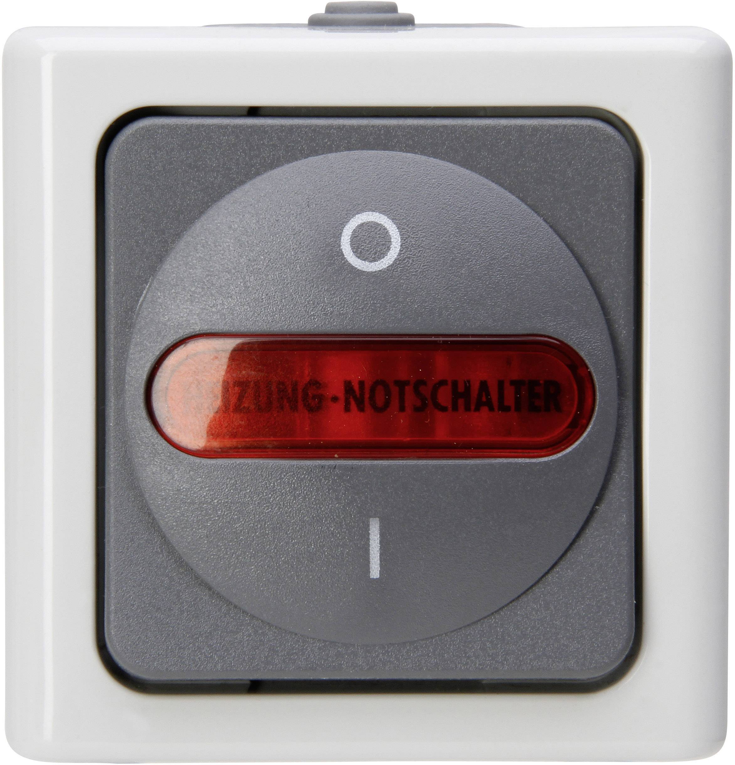Grey-white switch with red light indicating 'Emergency Heating Switch'. Top: O (off). Bottom: I (on).