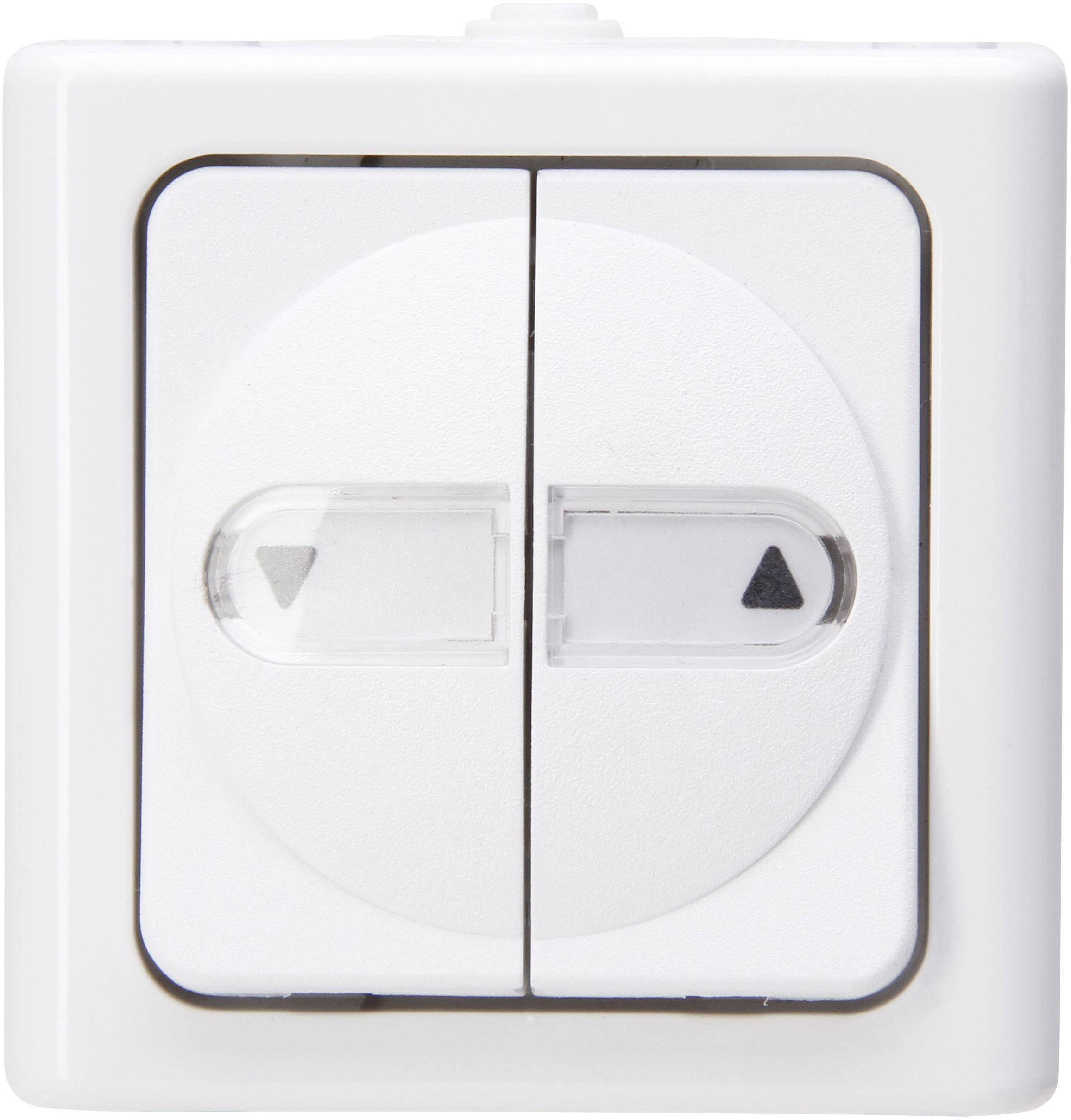 A white wall switch with two buttons, each with a black arrow pointing up and down. Used for controlling devices such as blinds or shutters.