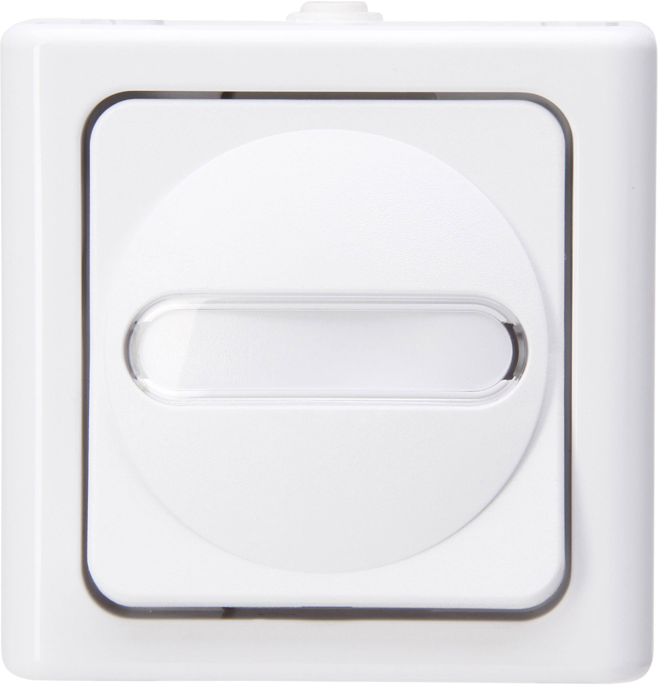 A white wall switch with a rectangular frame and a round button in the centre. The switch is used for turning lights on and off.