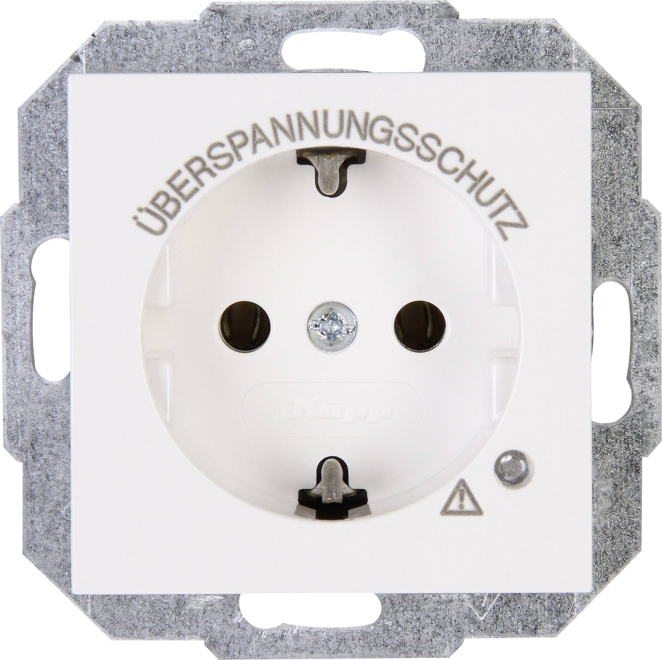 White protective earth socket with surge protection. On top it says 'Surge Protection'. Contains a protective symbol and a mounting screw in the centre.
