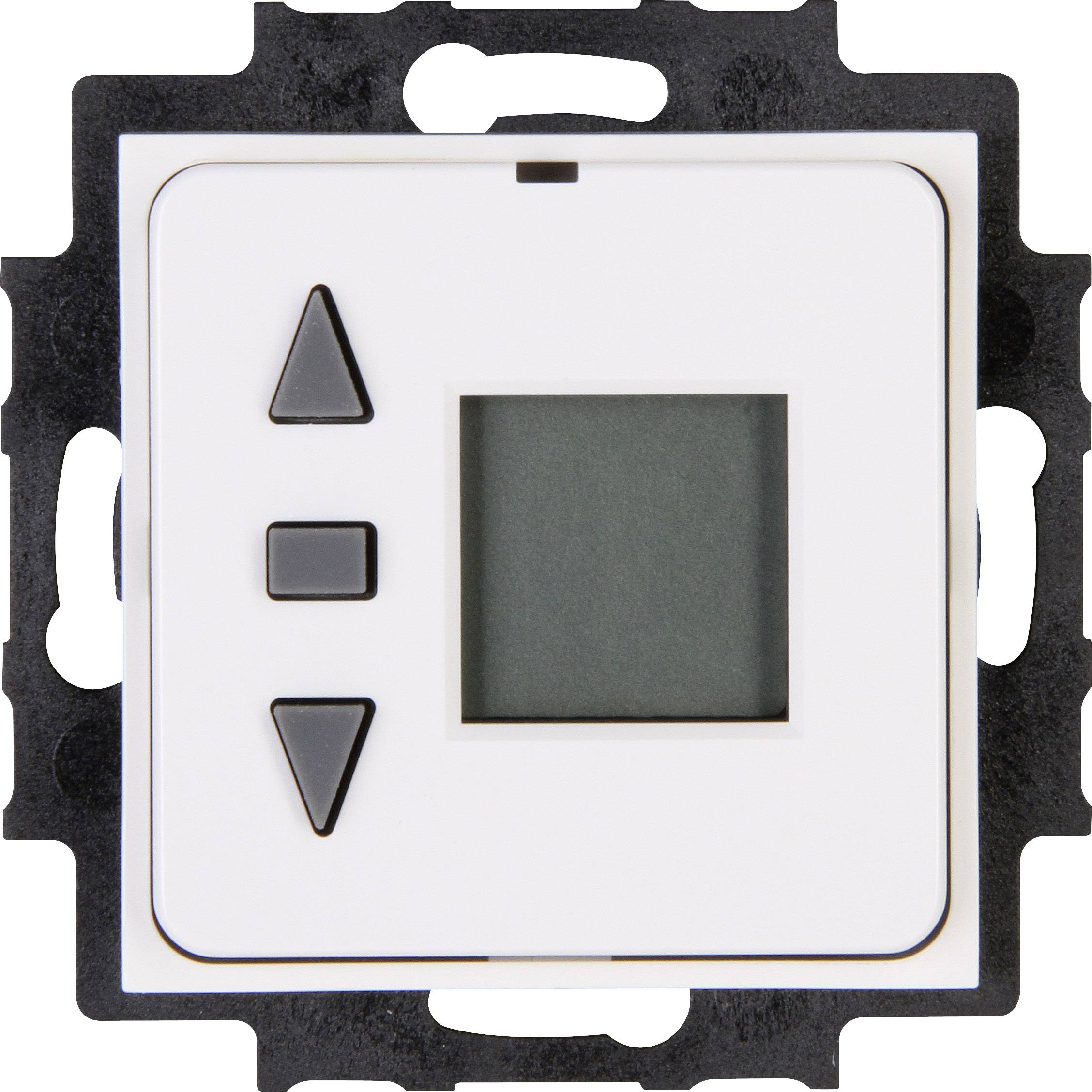 A digital thermostat with a display and two triangular buttons, mounted on a square plate.
