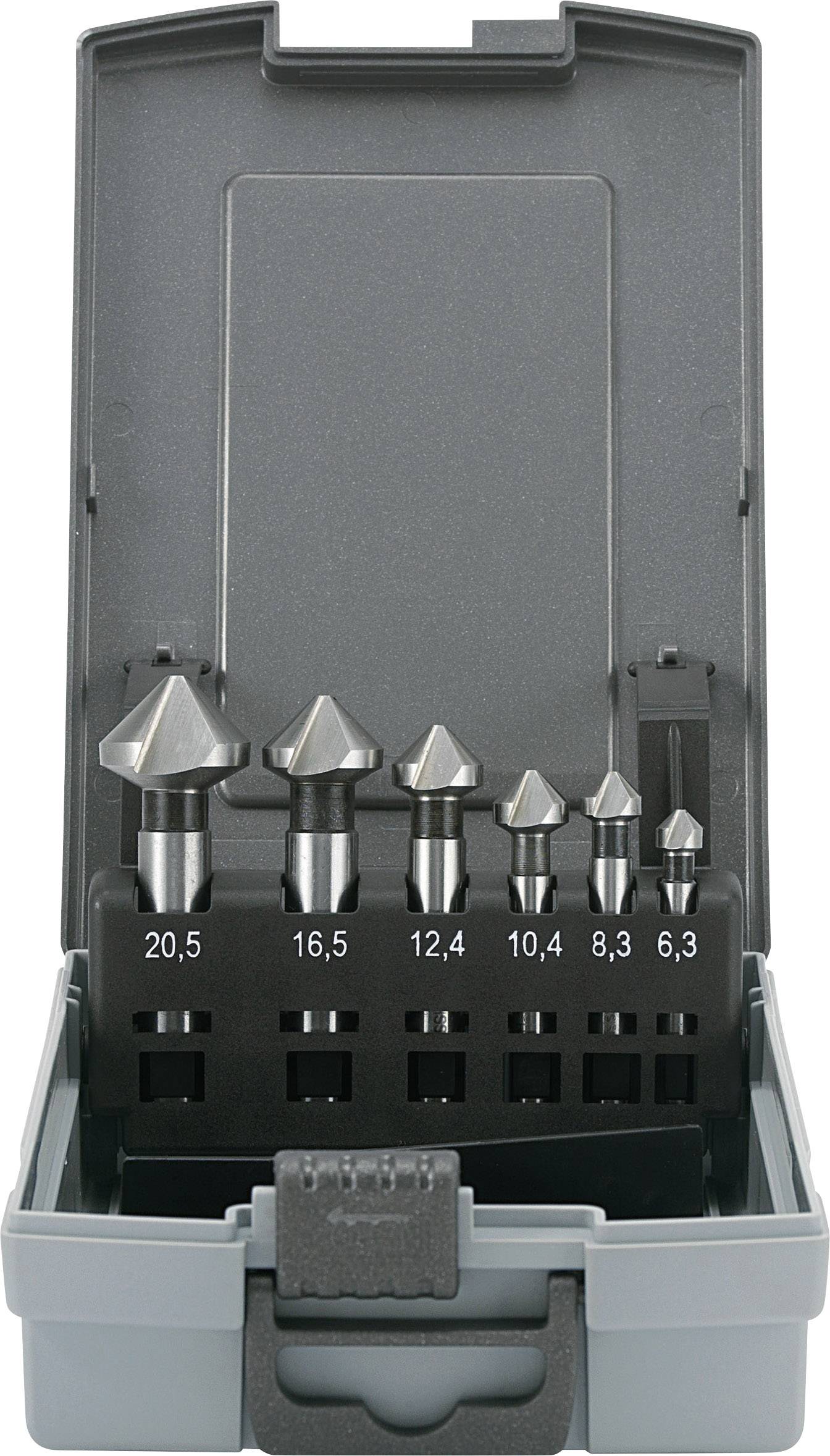 Six-piece countersink drill bit set in an open plastic case, with various sizes for different drilling requirements.