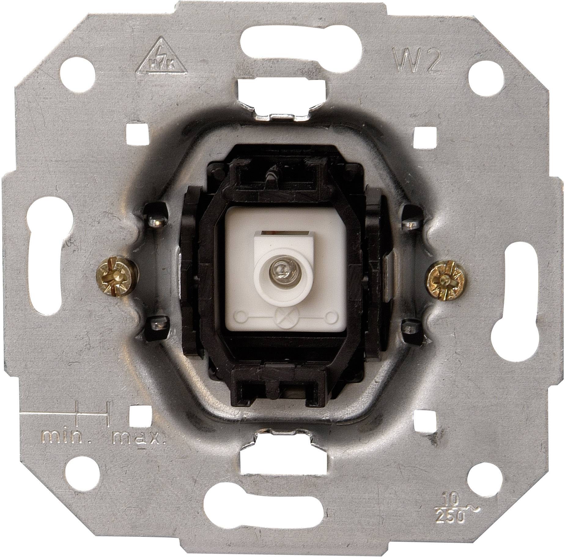 Metal switch frame without cover. Mounting screws are visible and a central plastic housing for the mechanism can be seen.