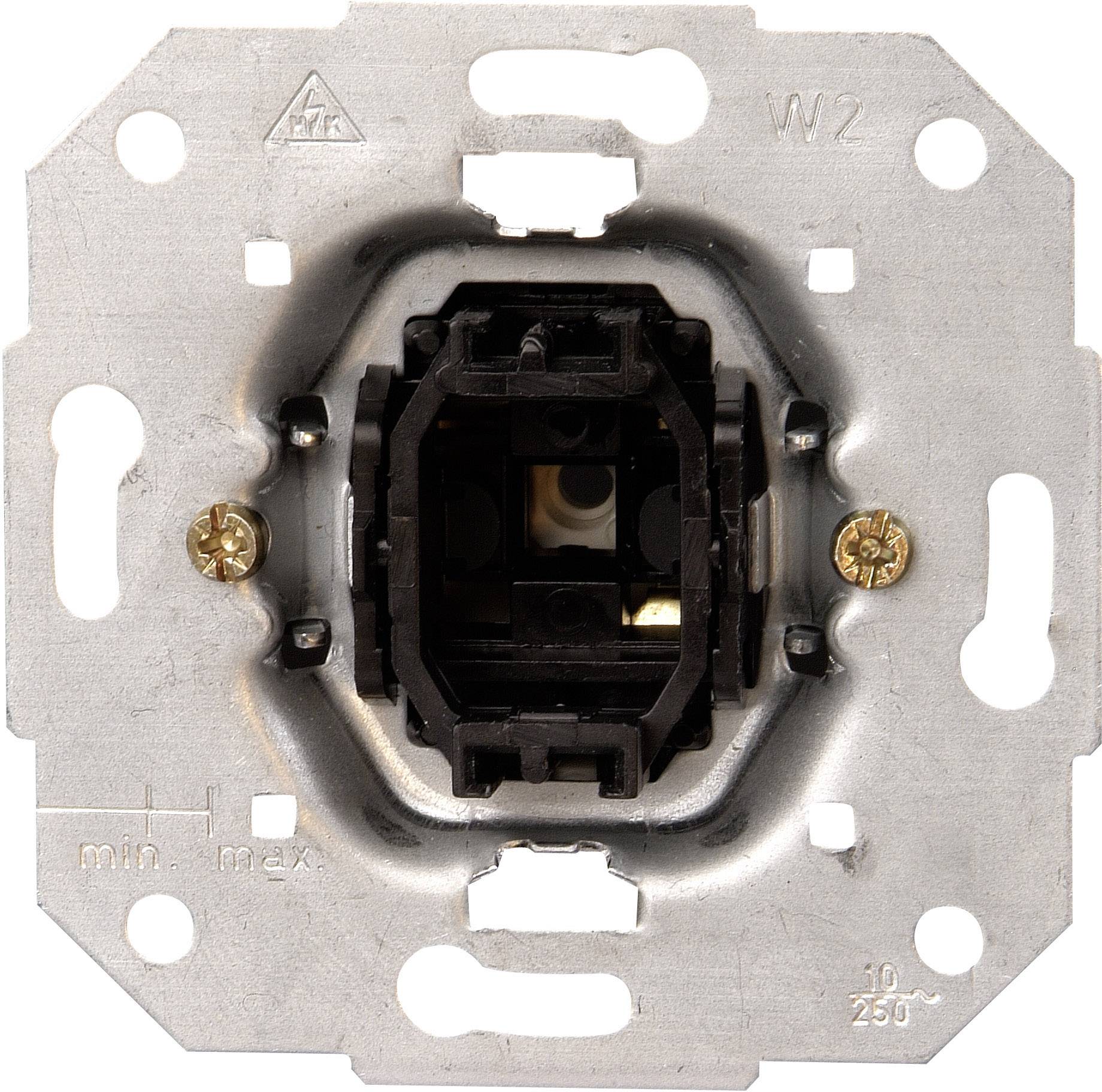 Close-up of an electrical light switch without its cover, revealing internal components and mounting screws.