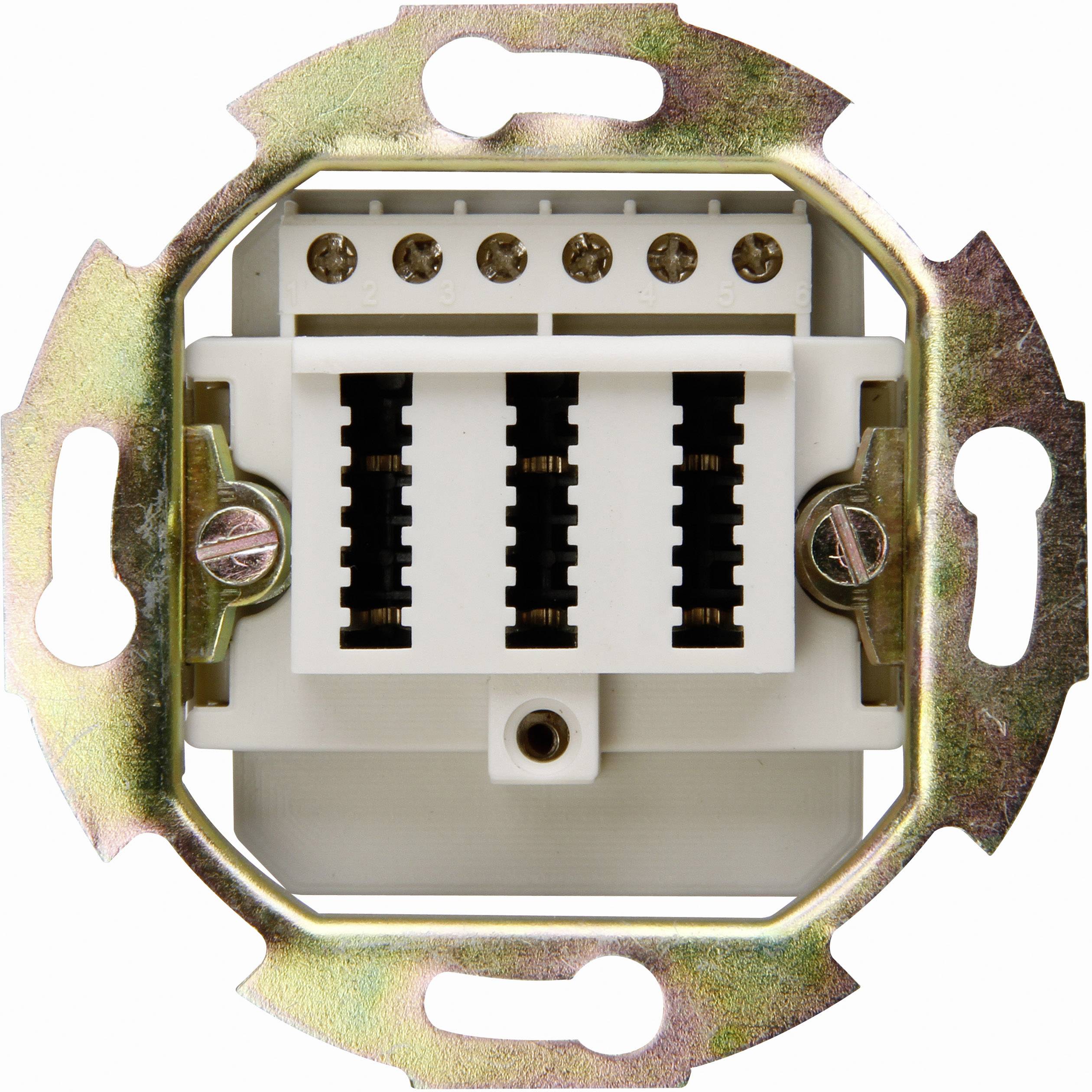 A socket outlet with a metal frame, identifiable by multiple screw terminals for electrical cable connections.