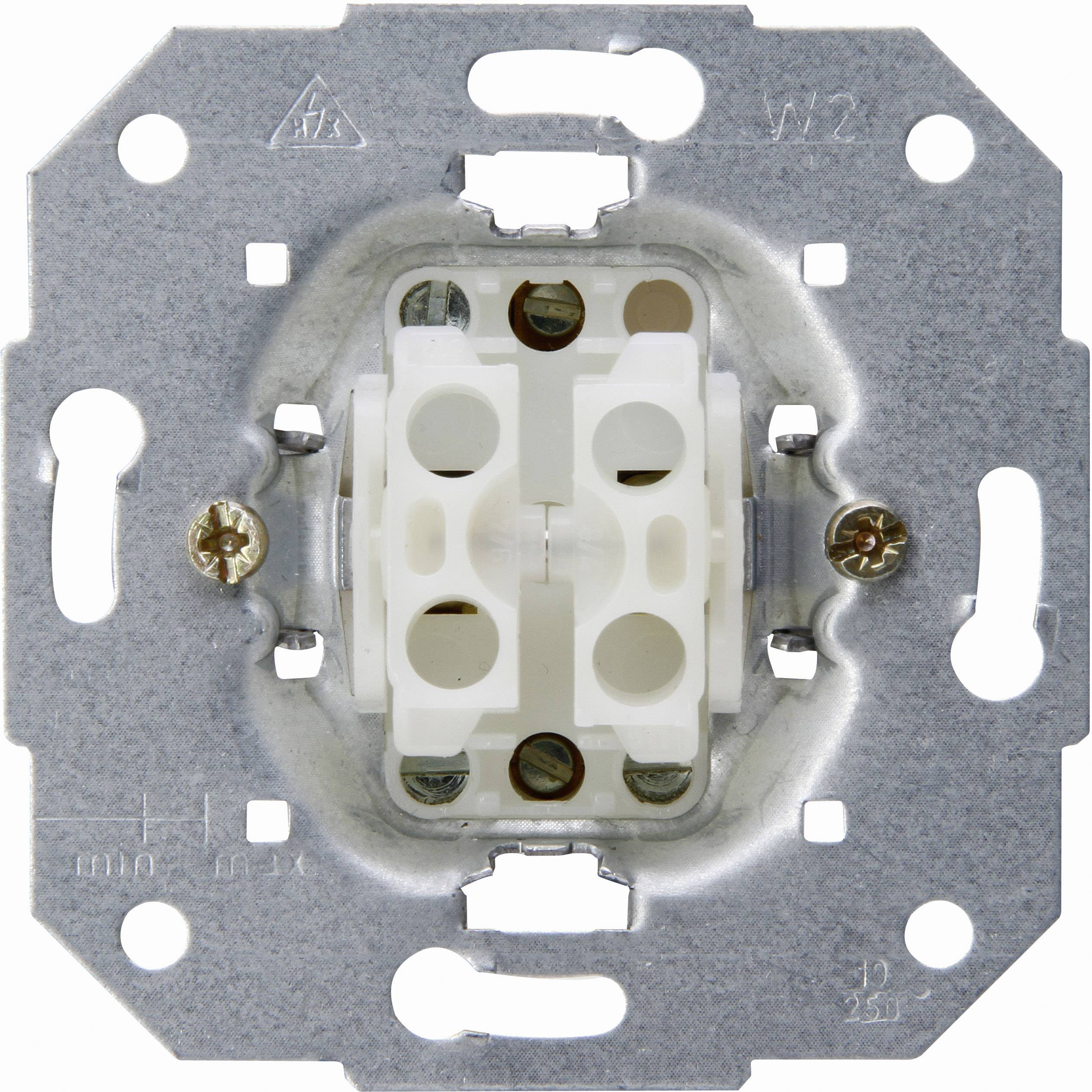 An electrical socket installation without a cover, showing the wiring connections and screw holes.