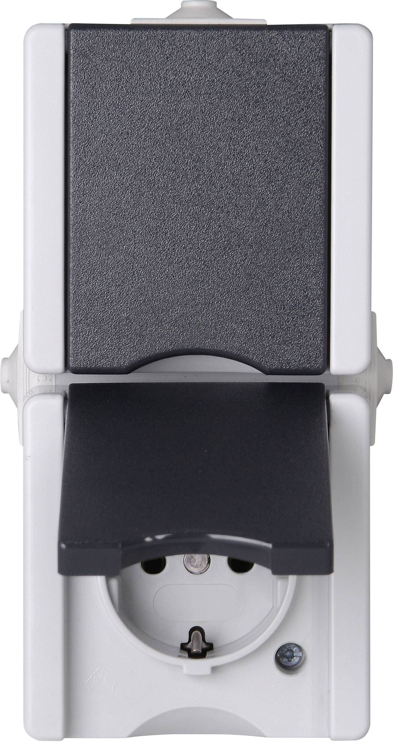 White external socket with a black, open hinged cover, suitable for use in damp environments.