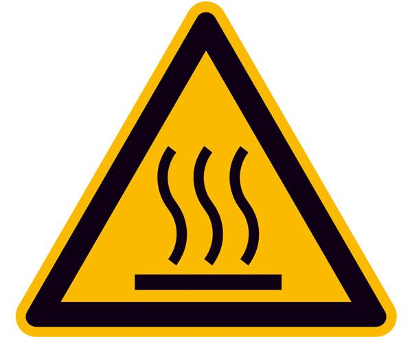 Yellow triangular warning sign with a black border; shows three ascending wavy lines indicating 'Caution Hot'.
