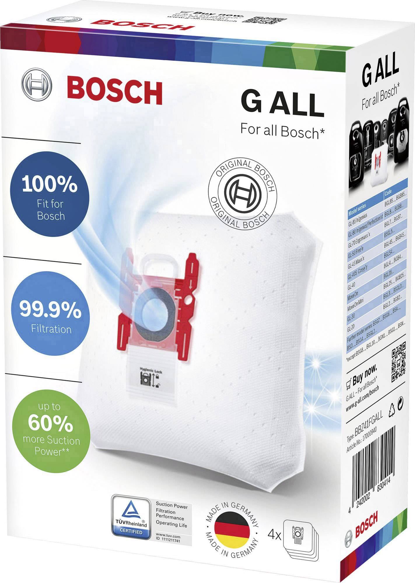 Bosch vacuum cleaner bags, suitable for all models. Packaging shows product information: '100% compatible', '99.9% filtration'. Contains 4 bags.